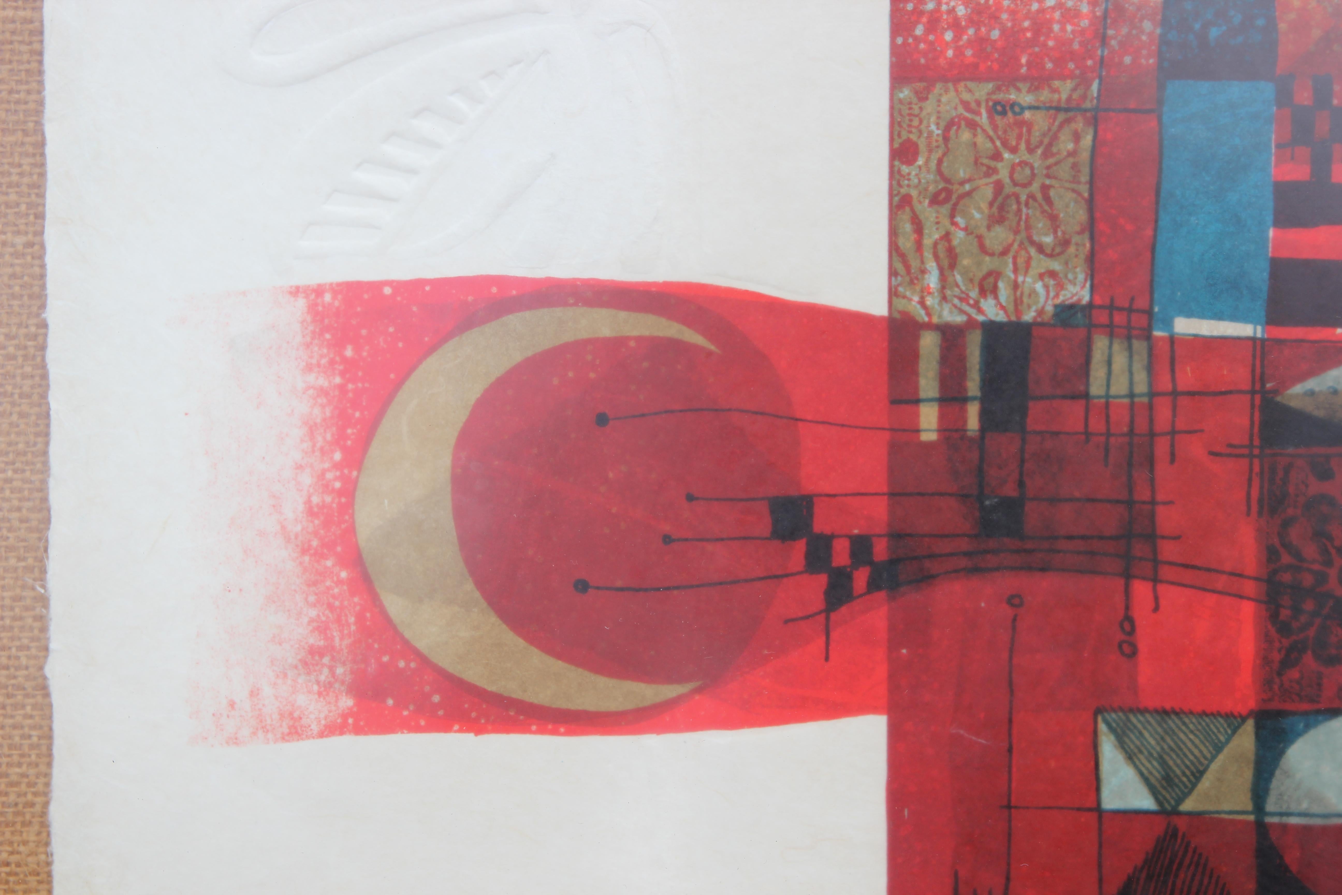 Modern Red and Blue Toned Abstracted Figure Embossed Lithograph - Gray Figurative Print by Alvar Sunol Munoz-Ramos