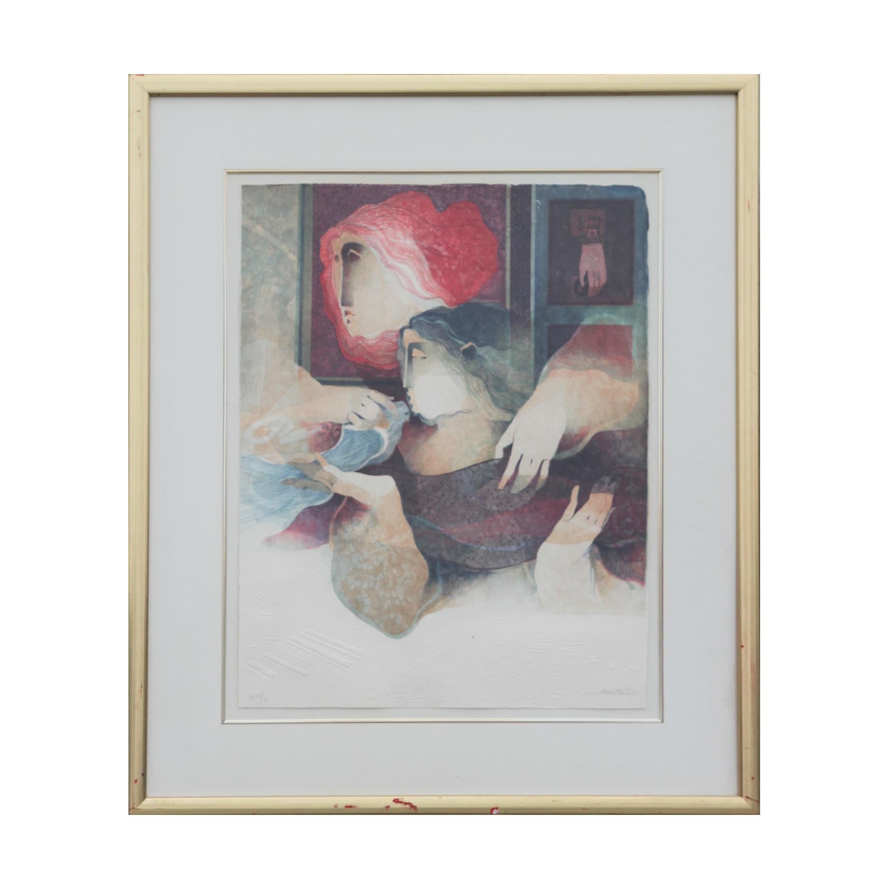 Alvar Sunol Munoz-Ramos Abstract Print - Red Toned Abstract Portrait of Two Female Figures with Bird Lithograph