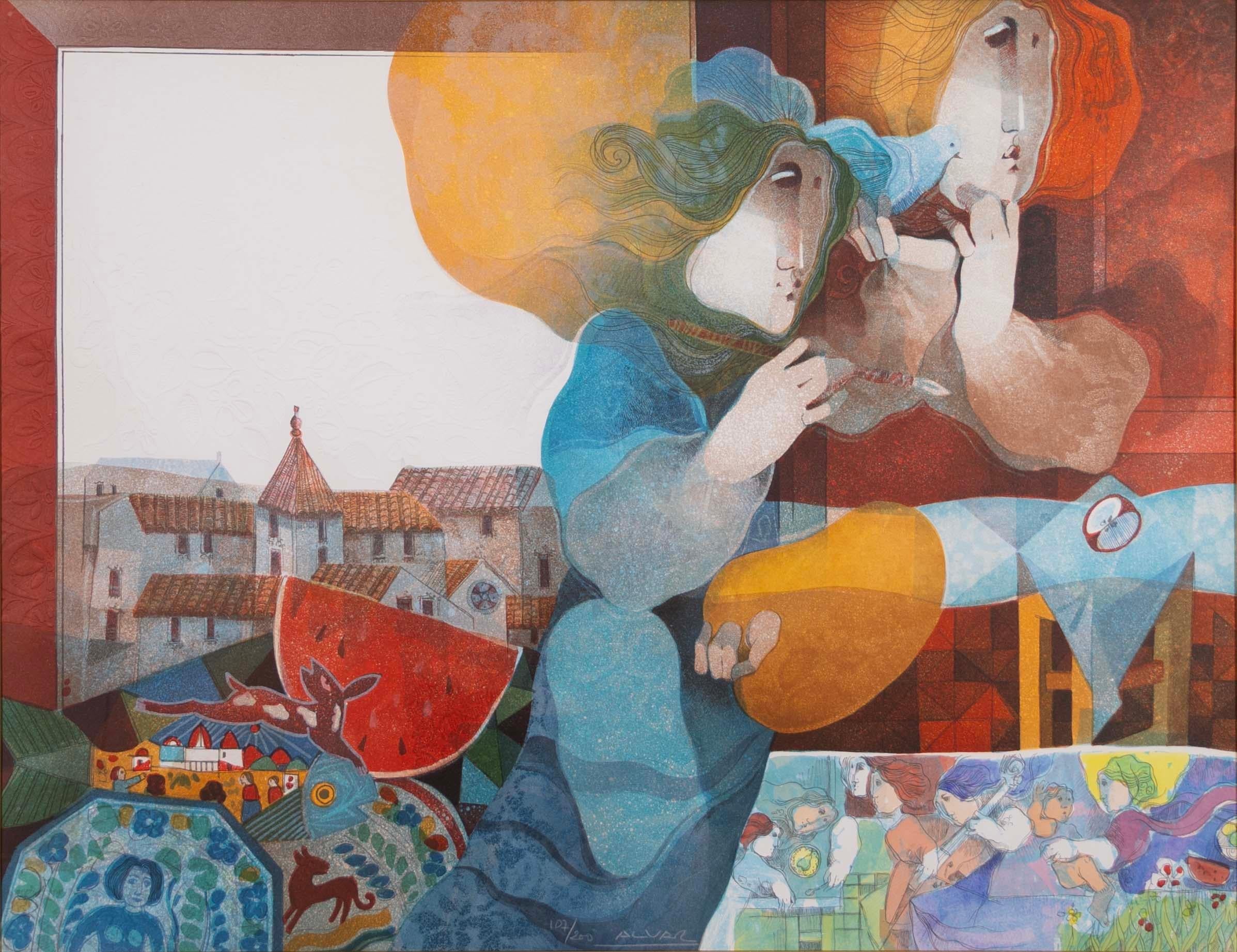 Spanish Alvar Suñol Pintora Mexicana Signed Contemporary Embossed Lithograph 107/200 For Sale