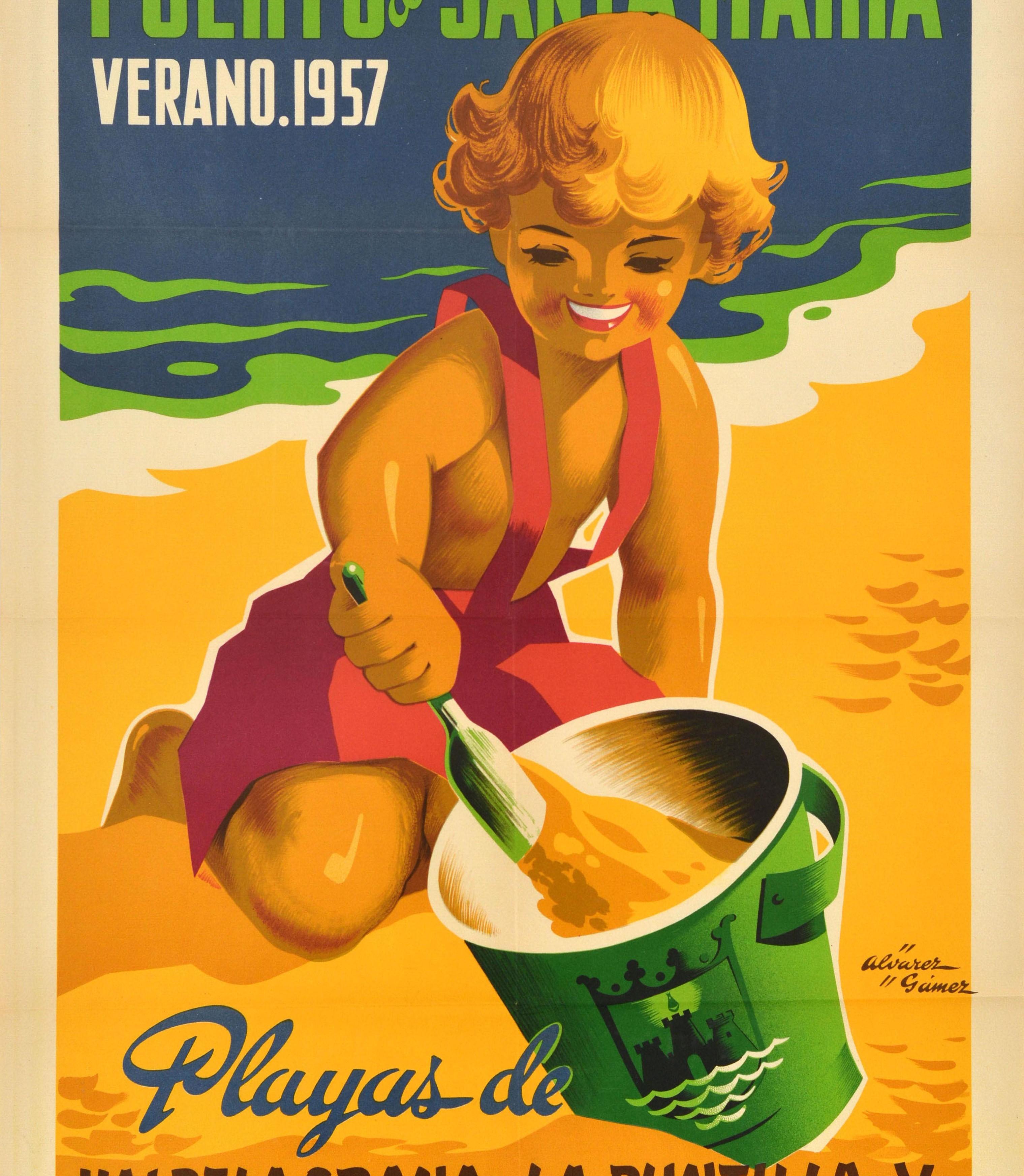 Poster di viaggio estivo originale d'epoca che promuove le spiagge di Cadice in Spagna - Puerto de Santa Maria Verano 1957 Playas de Valdelagrana La Puntilla y Fuenterrabia - con una grande illustrazione di un bambino felice in vacanza che indossa