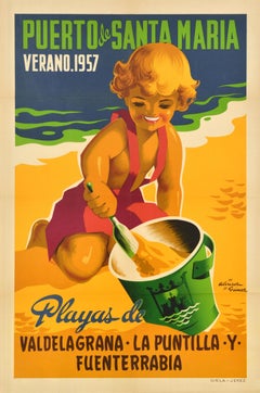 Affiche de voyage vintage d'origine Porto De Santa Maria, Espagne, plages d'été