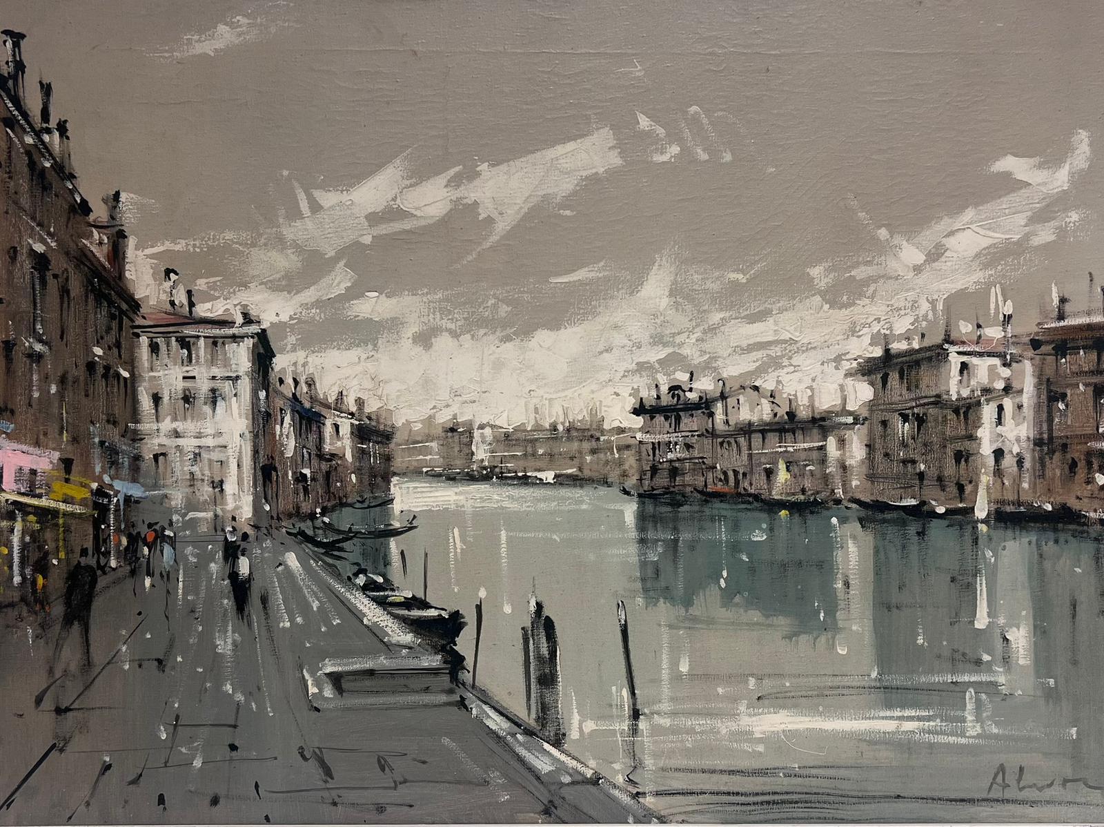 Grande peinture à l'huile moderniste du Grand Canal de Venise des années 1960, signée, œuvre d'atmosphère