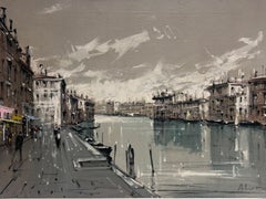 Grande peinture à l'huile moderniste du Grand Canal de Venise des années 1960, signée, œuvre d'atmosphère