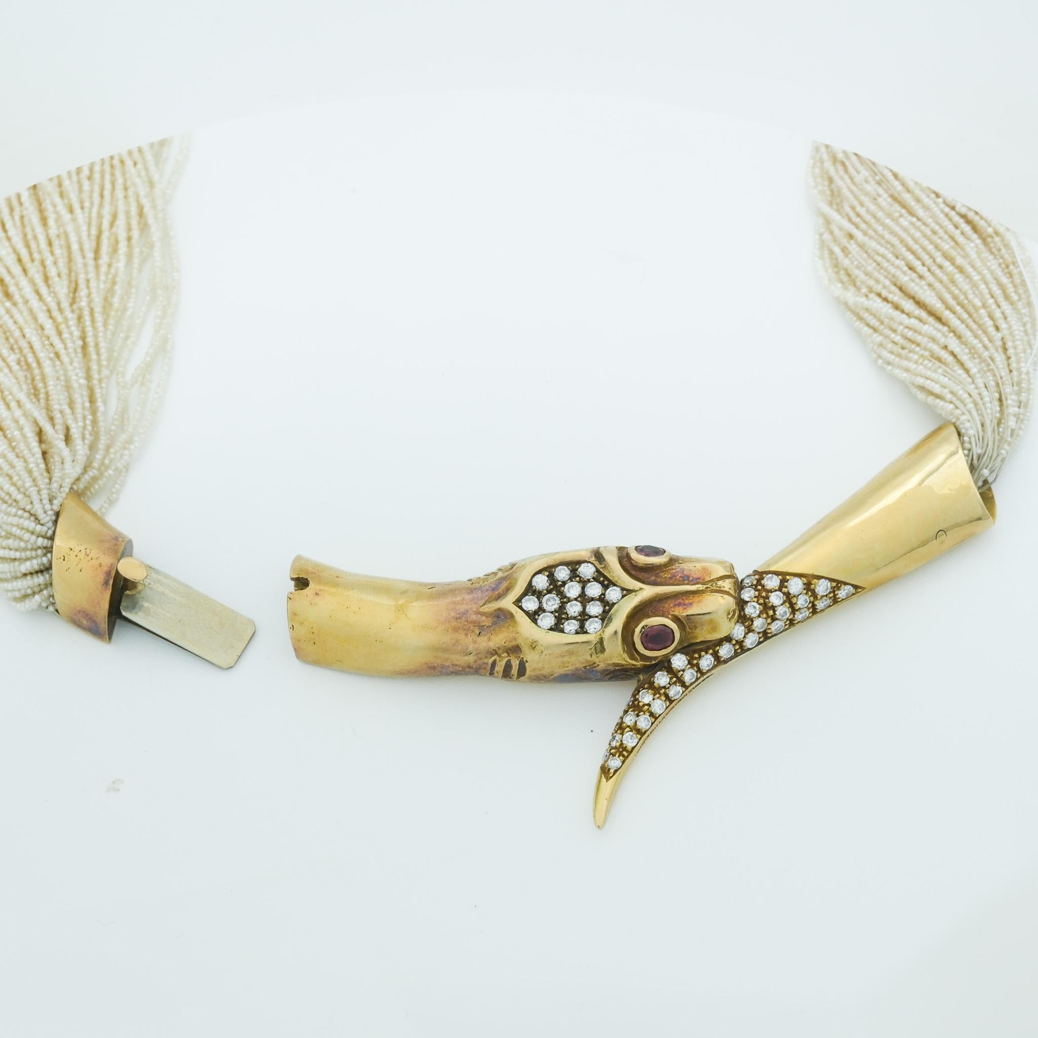 Round Cut Alvaro Correnti Victorian Revival 18k Gold Pearl, Ruby, Diamond, Snake Necklace For Sale