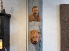 Wall sculpture, hand-carved lion, eucalyptus and chainsaw, natural wood