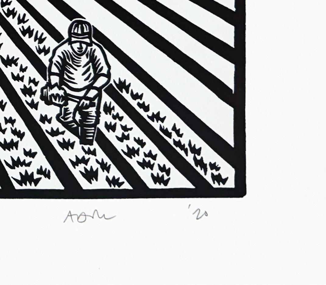 Image size: 18 x 12 inches
Sheet size:  15x22 inches
Edition size: 140

Depicts farm workers harvesting lettuce in the artist's hometown of Salinas, CA. Printed at the historic Aardvark Letterpress in MacArthur Park, Los Angeles. Comes with the
