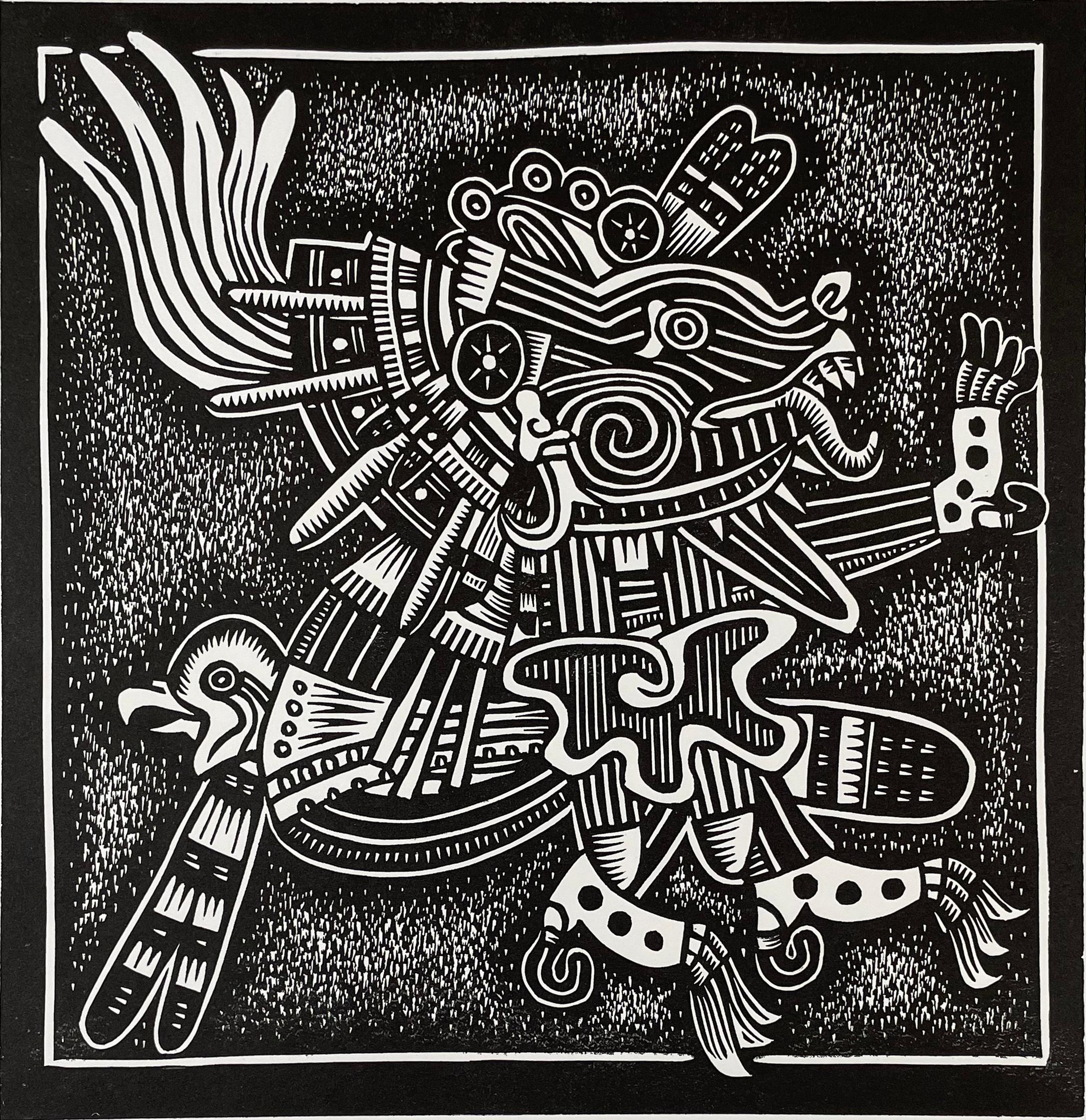 Medium: linocut
Image size: 12 x 12 inches
Edition size: 11
Year: 2022

In Aztec mythology, Xolotl is the god of lightning, death, and fire. He is also considered to be the god of twins, diseases, deformities, and misfortune.

Álvaro D. Márquez is a