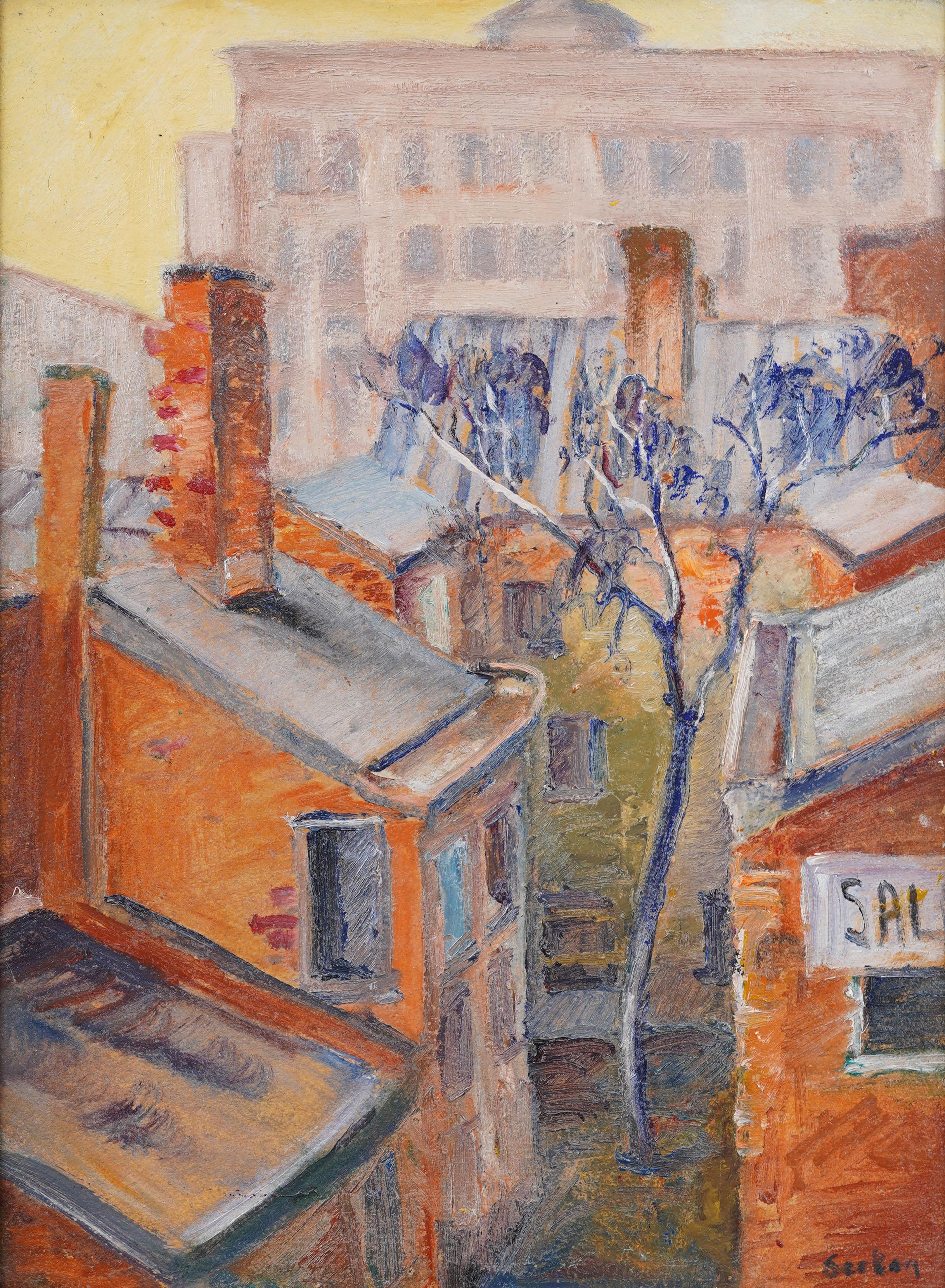 Wichtige antike amerikanische Modernist Hicks Street Brooklyn Ansicht Ölgemälde (Moderne), Painting, von Alvena Vajda Seckar
