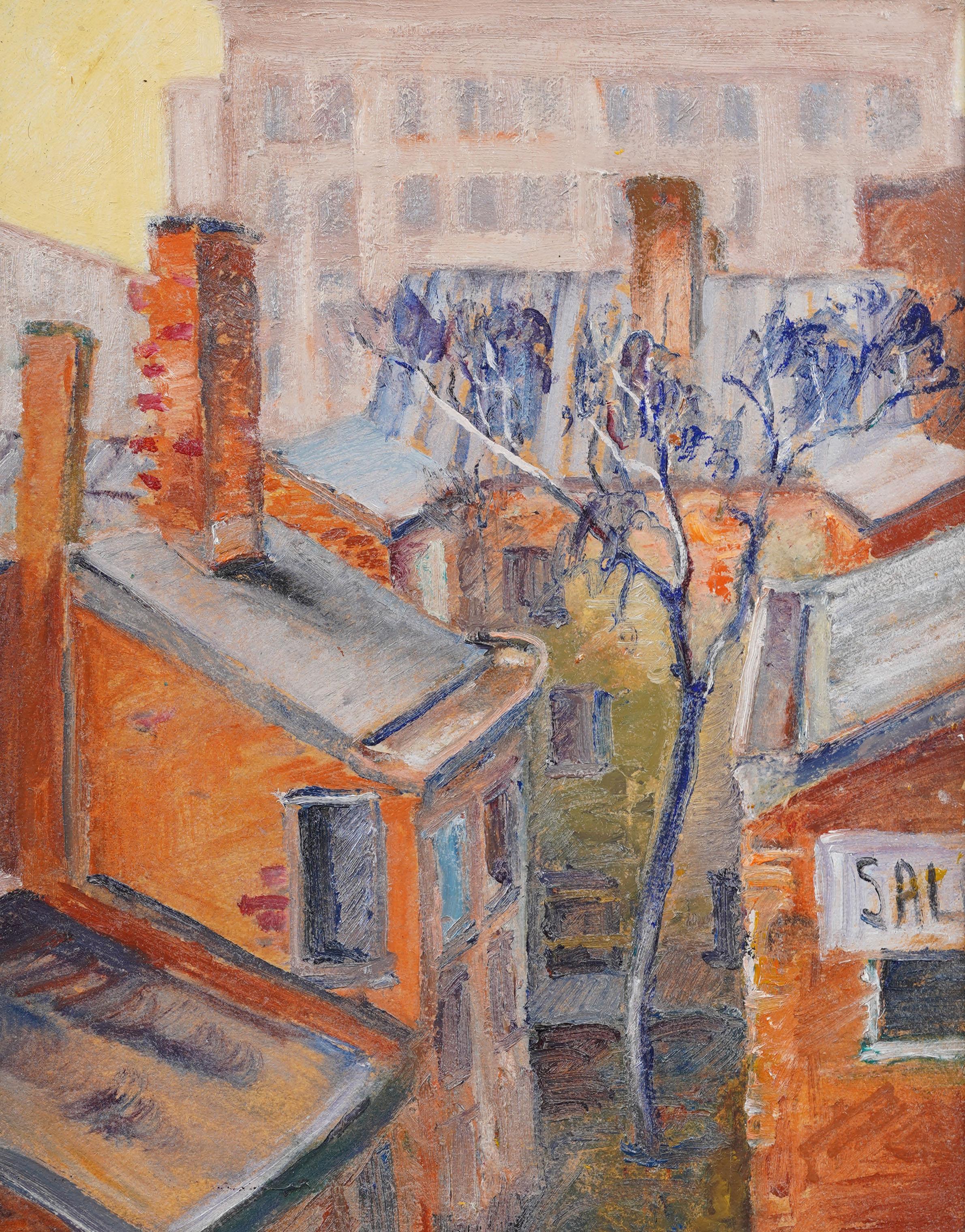 Wichtige antike amerikanische Modernist Hicks Street Brooklyn Ansicht Ölgemälde (Braun), Landscape Painting, von Alvena Vajda Seckar