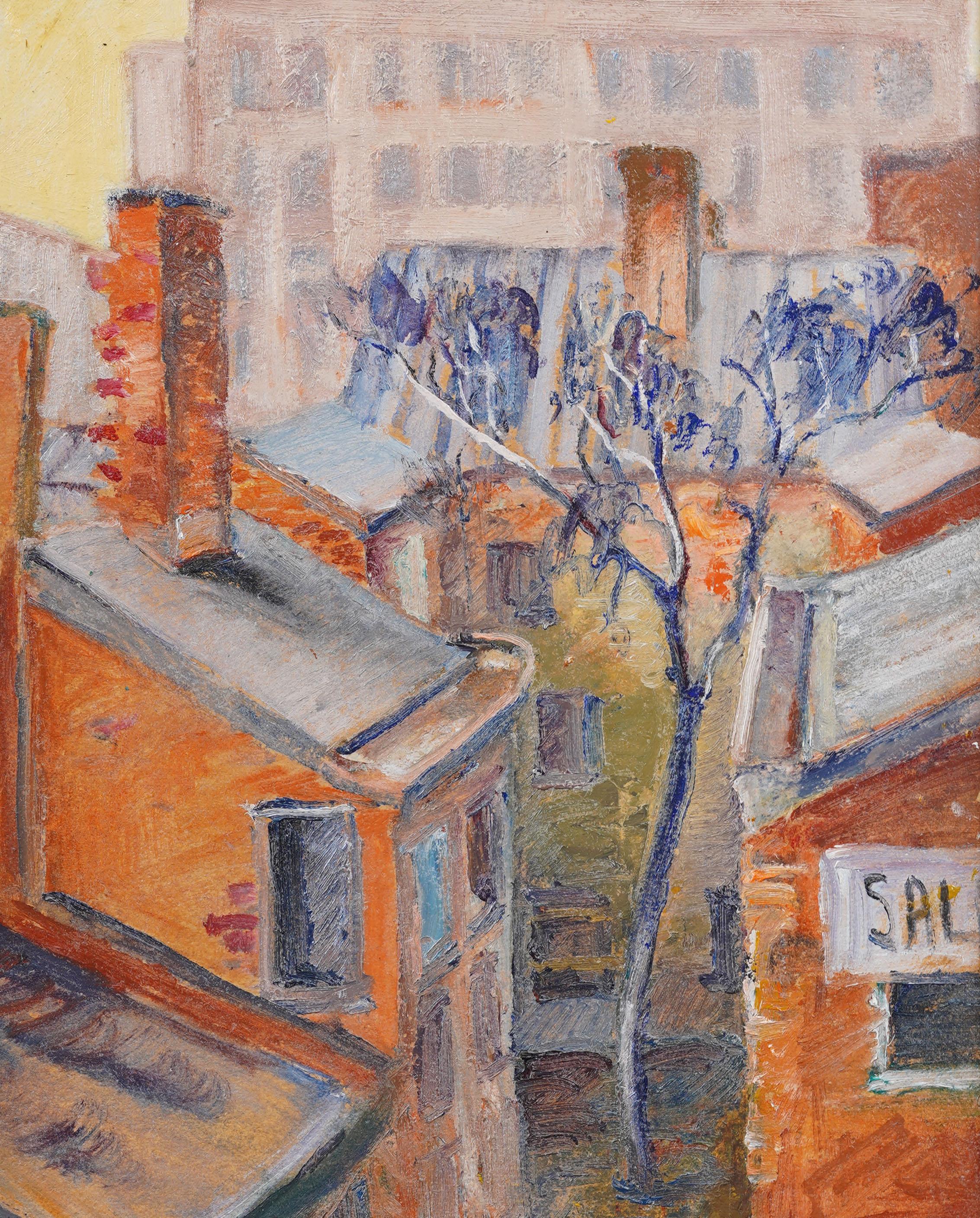 Vintage American modernist cityscape Ölgemälde. Öl auf Karton. Gerahmt.  Unterschrieben.  Maße: 20 x 16 cm insgesamt und 12 x 16 cm Gemälde allein.  In ausgezeichnetem Originalzustand. Hübsch gerahmt in einer Vergoldungsleiste.  Ausgezeichneter