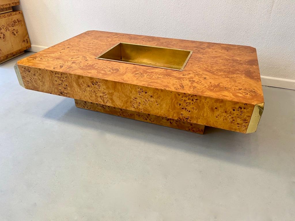 Alveo Burl Wood & Brass Coffee Table by Willy Rizzo for Mario Sabot, Italy 1970s For Sale 1