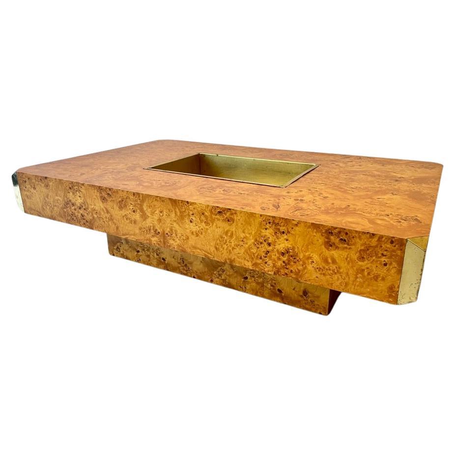 Alveo Burl Wood & Brass Coffee Table by Willy Rizzo for Mario Sabot, Italy 1970s For Sale