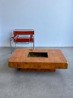 "Alveo" by Willy Rizzo for Mario Sabot Burlwood, Brass Rectangular Coffee Table