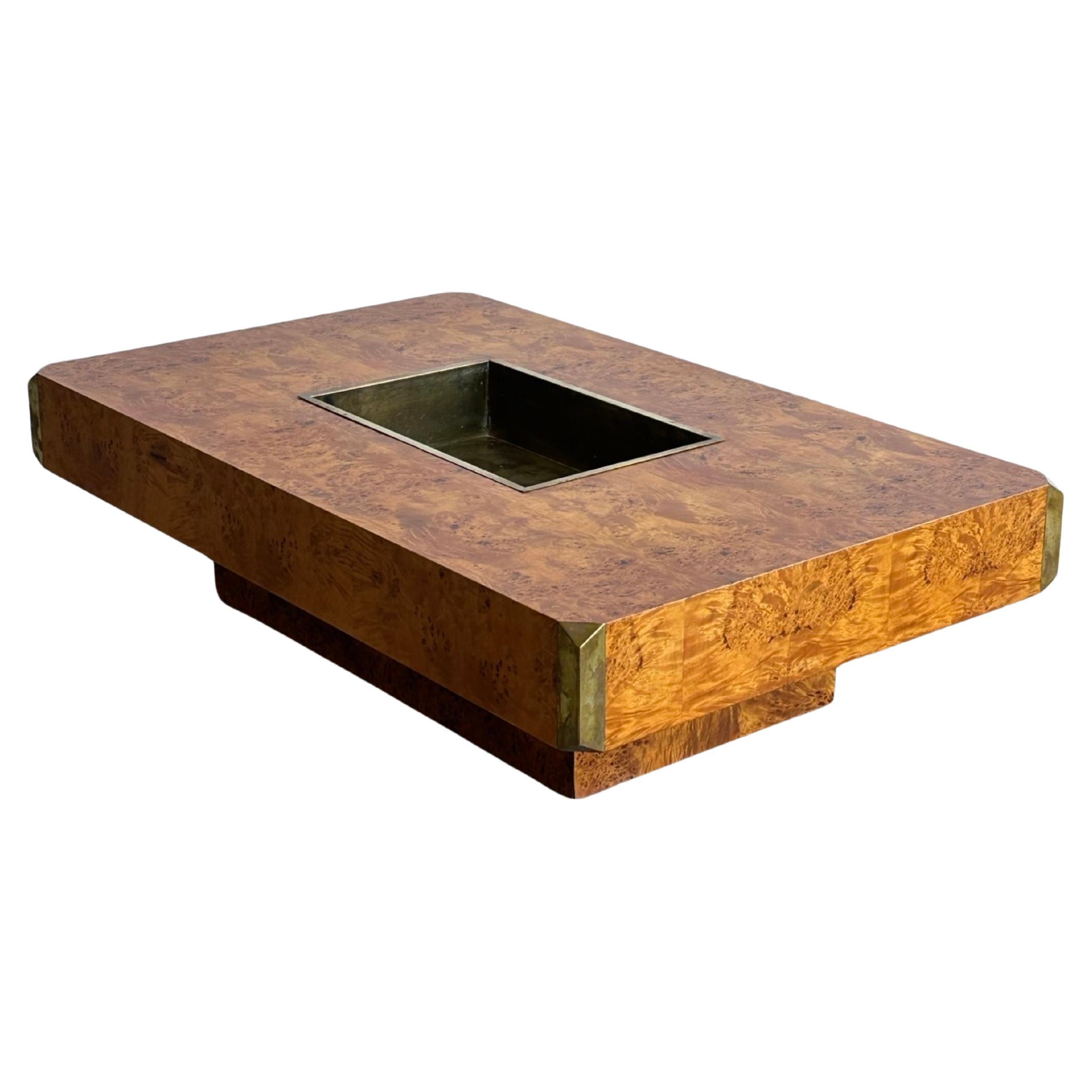 "Alveo" by Willy Rizzo for Mario Sabot Burlwood, Brass Rectangular Coffee Table 