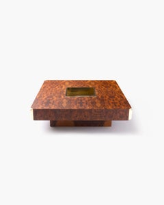 Alveo Cocktail Table in Walnut BurlWood Veneer with Brass Corners & Drybar