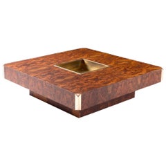 Alveo Cocktail Table in Walnut BurlWood Veneer with Brass Corners & Drybar