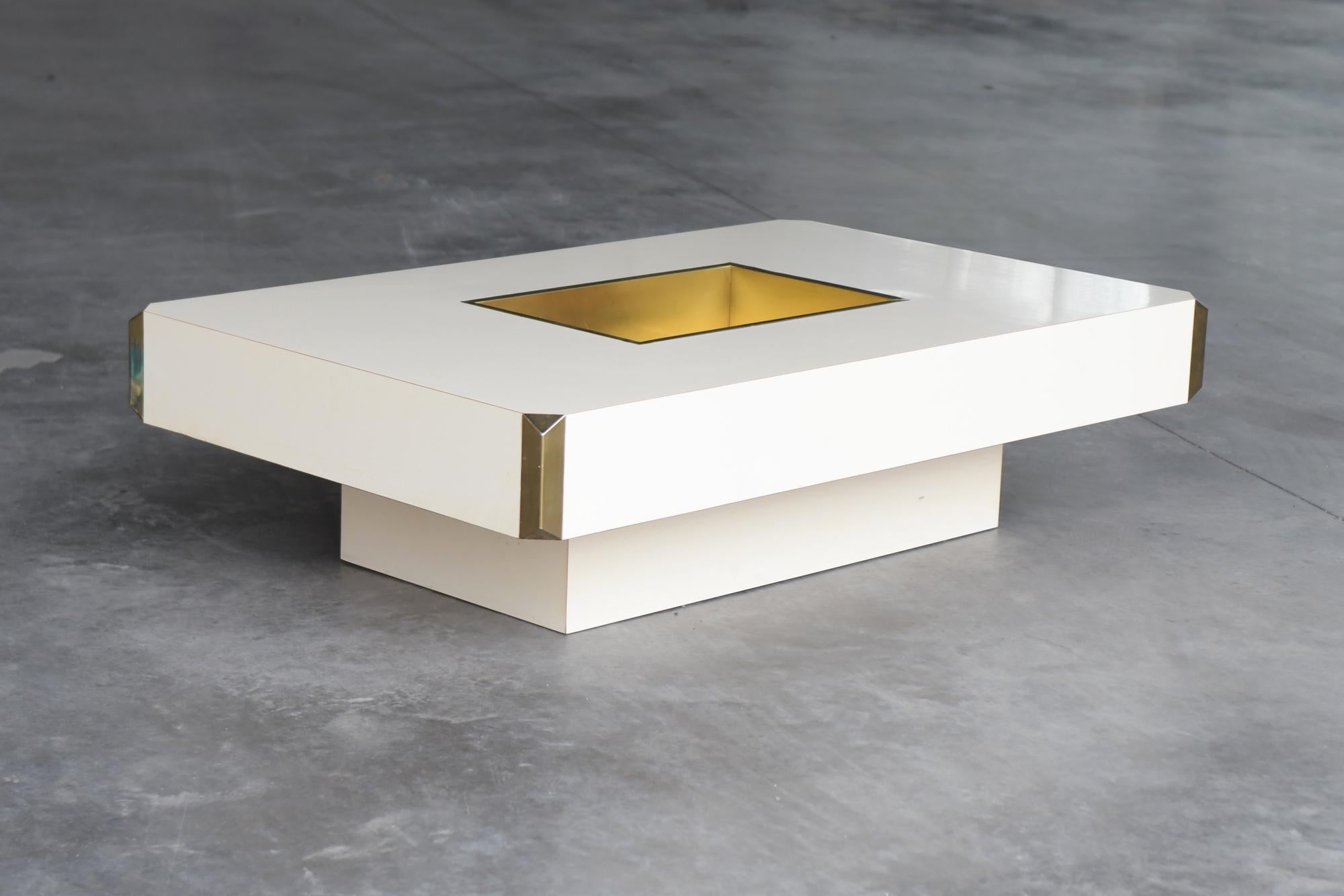 What a beauty!! The Alveo coffee table from Willy Rizzo for Mario Sabot. 
Off-white in combination gold messing. Absolutely perfect condition!
First owner (1978) - no restauration - like new!!