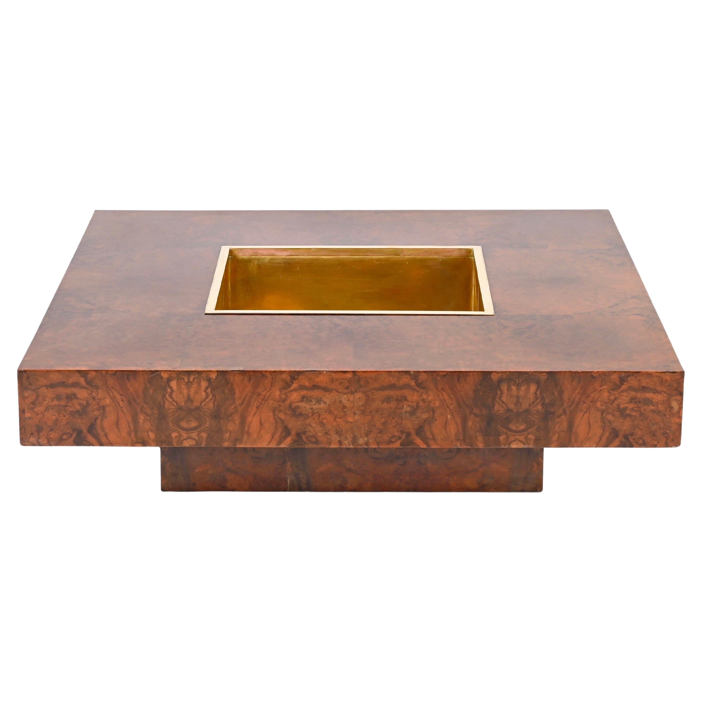 "Alveo" Rectangular Burl and Brass Coffee Table by Willy Rizzo, Italy 1970s For Sale