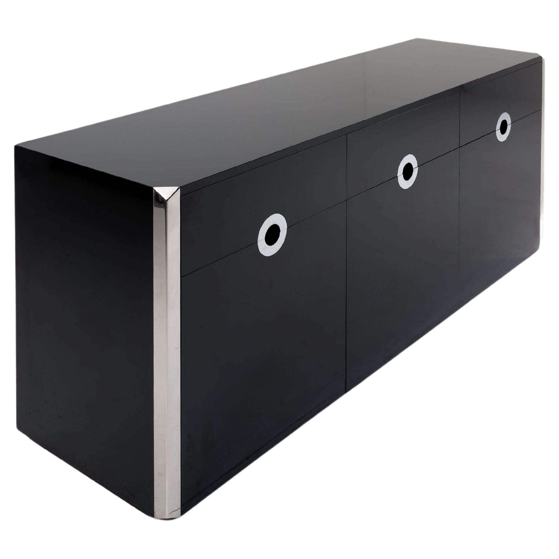 Alveo Sideboard by Willy Rizzo in Black Lacquer with Chrome detailing, 1970s For Sale