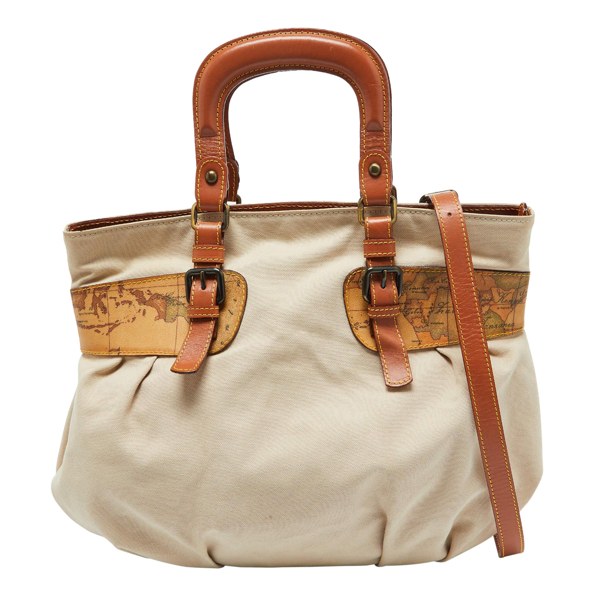 Alviero Martini 1A Classe Beige Umhängetasche aus beschichtetem Segeltuch und Segeltuch mit Geo-Druck