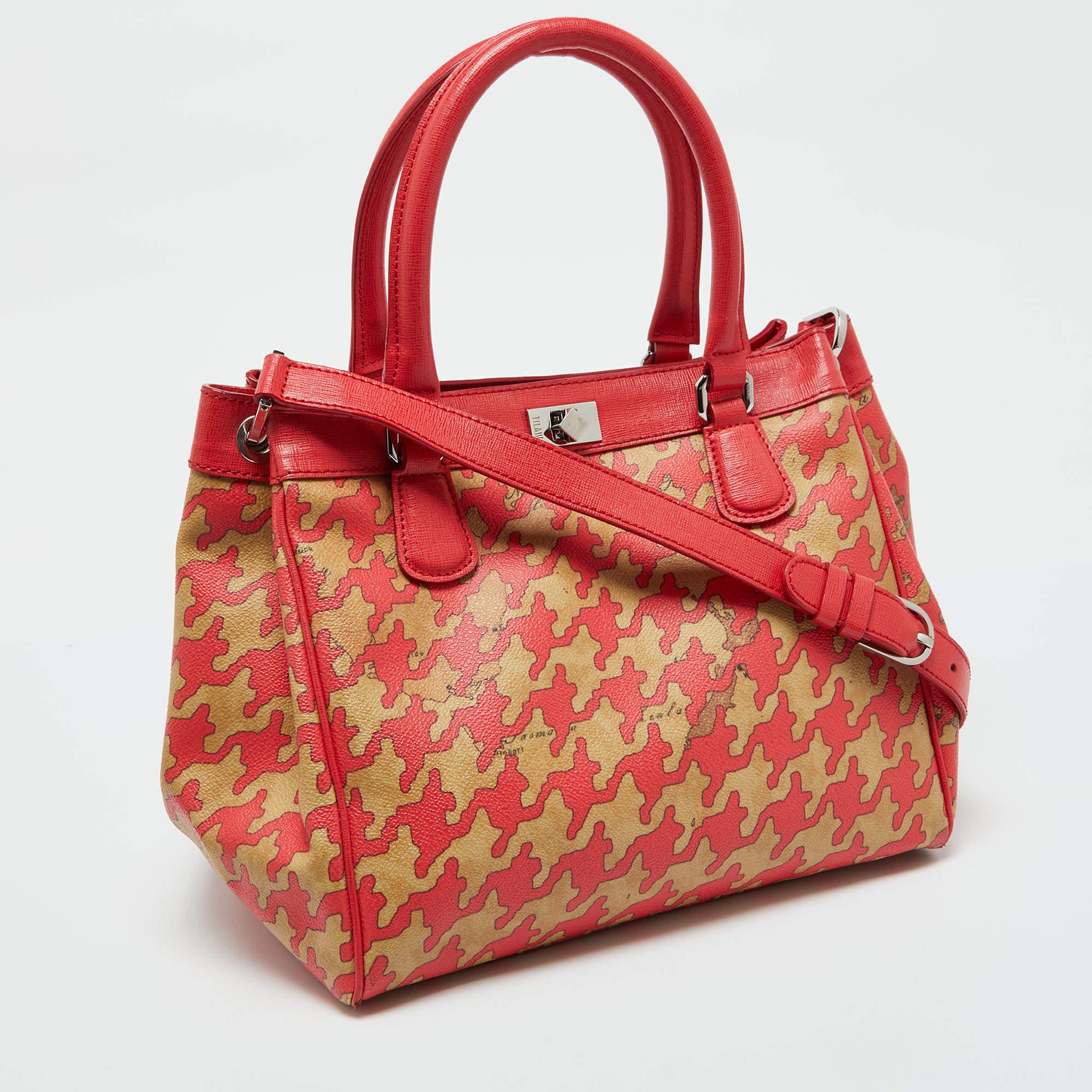 Orange Alviero Martini 1A Classe Beige/Red Geo Print Coated Canvas and Leather Tote For Sale