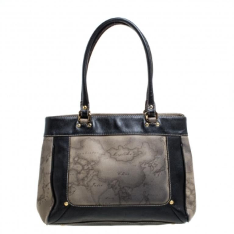 Alviero Martini 1A Classe Black/Beige Geo Print Coated Canvas and Leather Tote In Fair Condition For Sale In Dubai, Al Qouz 2