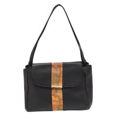 Alviero Martini 1A Classe Black Geo Print Coated Canvas & Leather Shoulder Bag