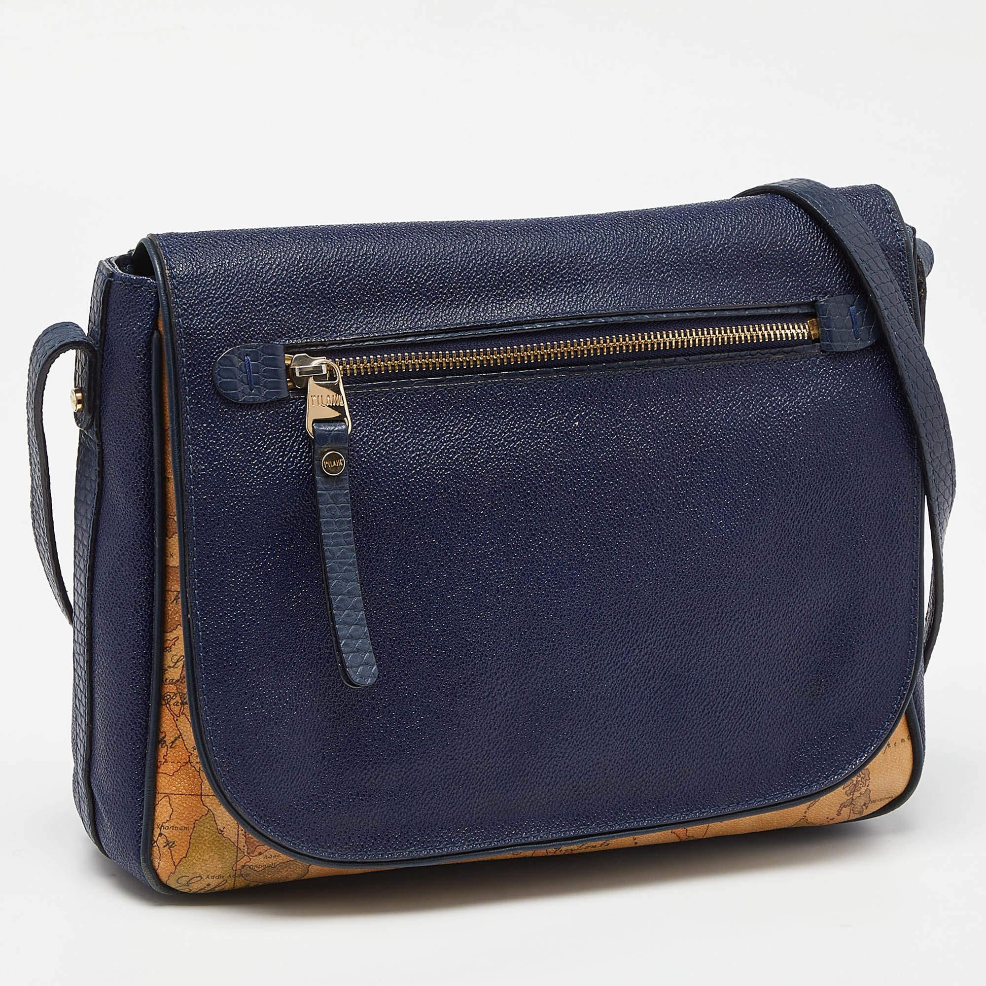 Black Alviero Martini 1A Classe Blue Geo Print Coated Canvas & Leather Crossbody Bag For Sale