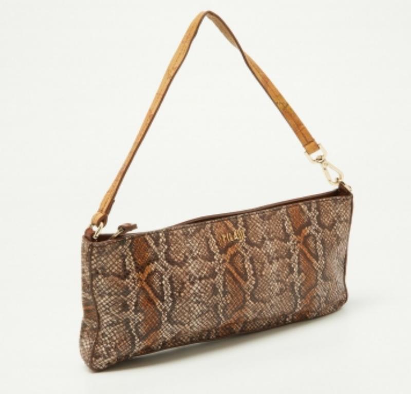 Donna Alviero Martini 1A Classe Borsa baguette in pelle e pitone marrone con zip in vendita