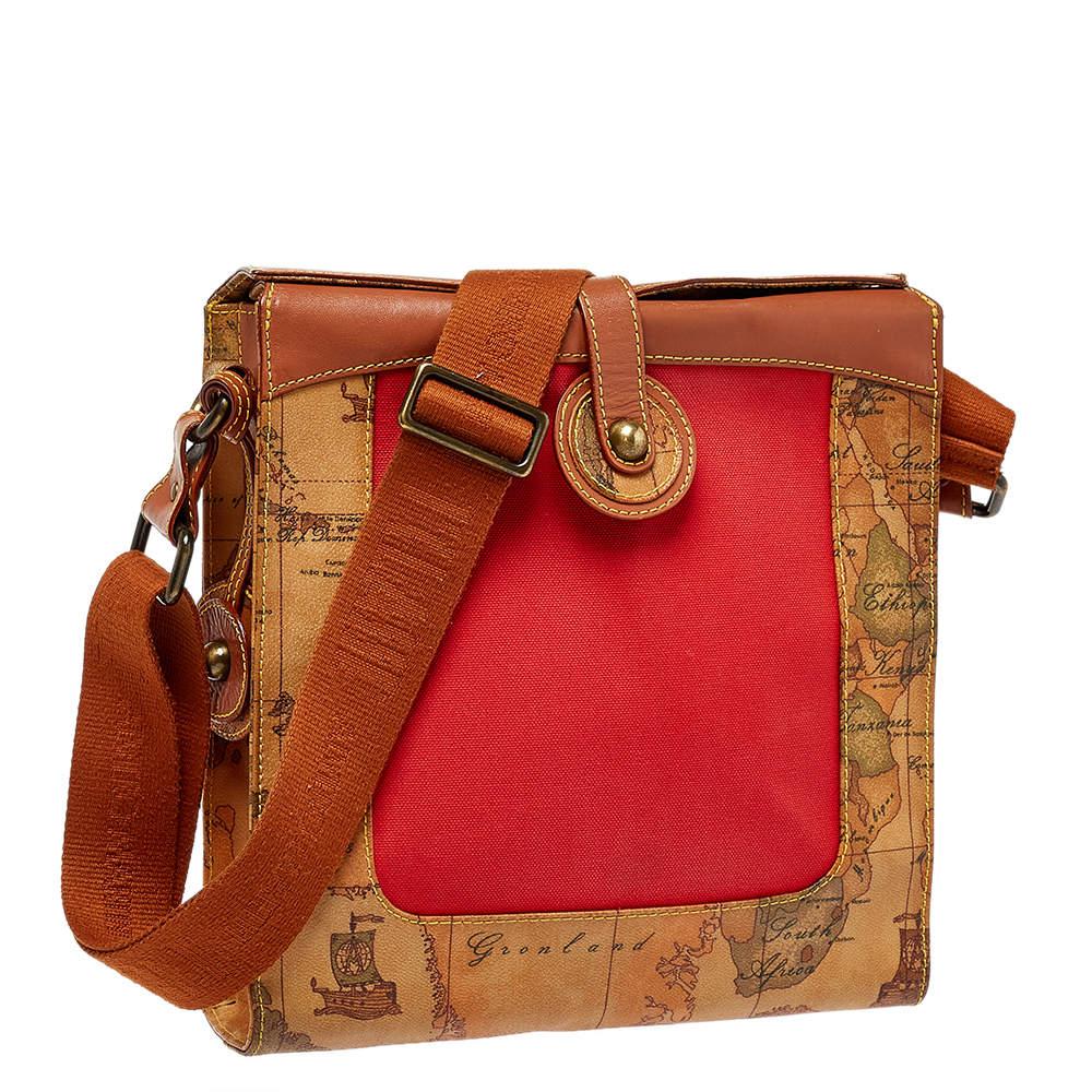 Rosso Alviero Martini 1A Classe Geo Print Borsa messenger in tela Coates e pelle con pattina