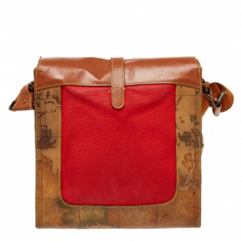 Red Alviero Martini 1A Classe Geo Print Coated Canvas and Leather Flap Messenger Bag For Sale