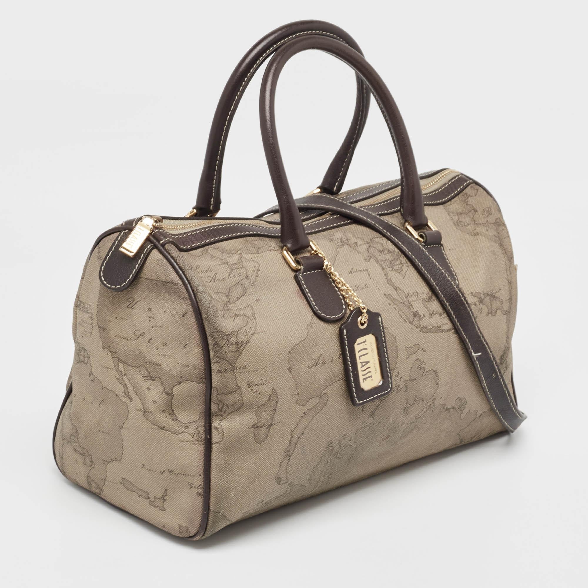 Alviero Martini 1A Classe Grey/Brown Geo Print Coated Canvas and Leather Satchel In Good Condition For Sale In Dubai, Al Qouz 2