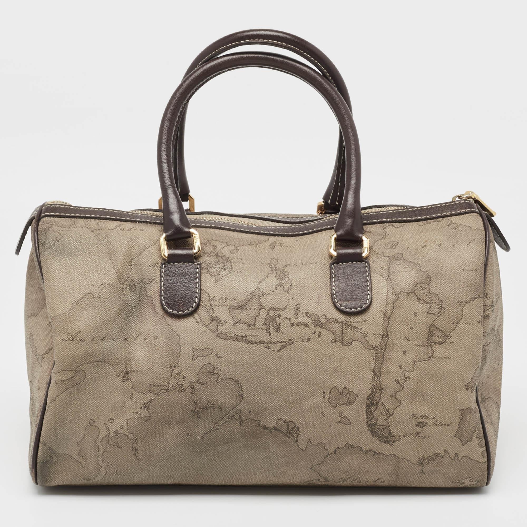 Women's Alviero Martini 1A Classe Grey/Brown Geo Print Coated Canvas and Leather Satchel For Sale