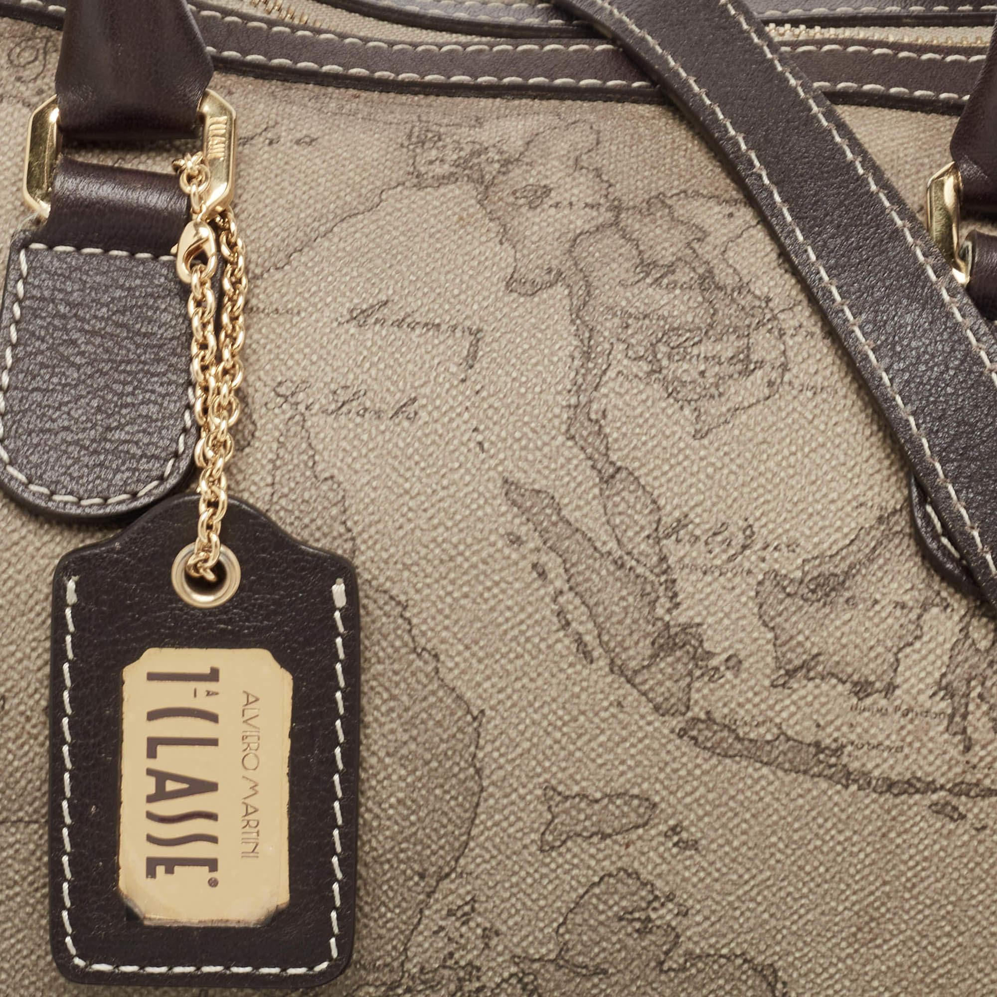 Alviero Martini 1A Classe Grey/Brown Geo Print Coated Canvas and Leather Satchel For Sale 1