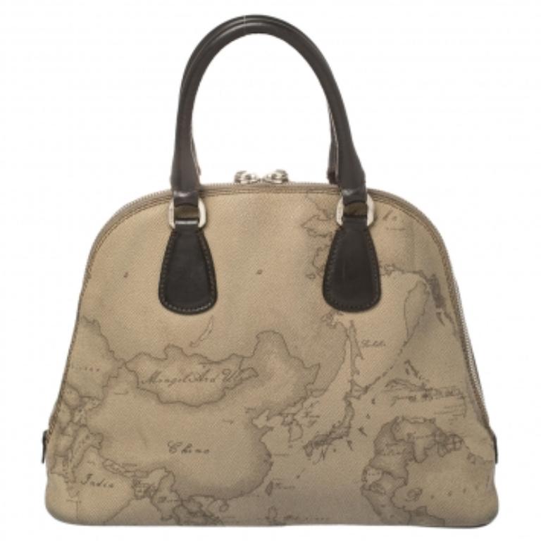 Alviero Martini 1A Classe Grey Geo Print Coated Canvas Dome Satchel In Fair Condition For Sale In Dubai, Al Qouz 2