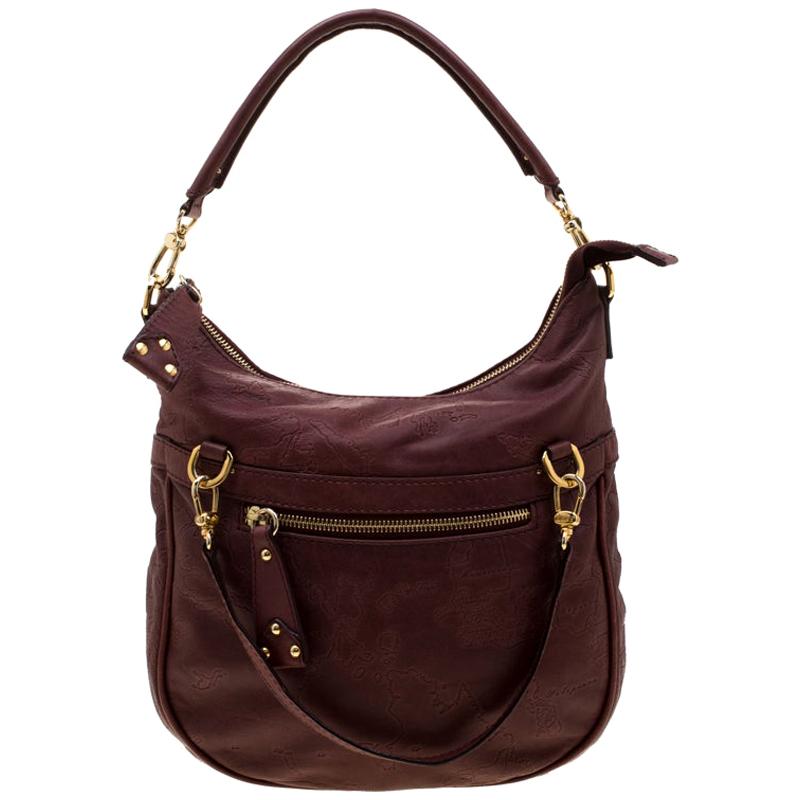 Alviero Martini 1A Classe Marron Map Embossed Leather Shoulder Bag For Sale