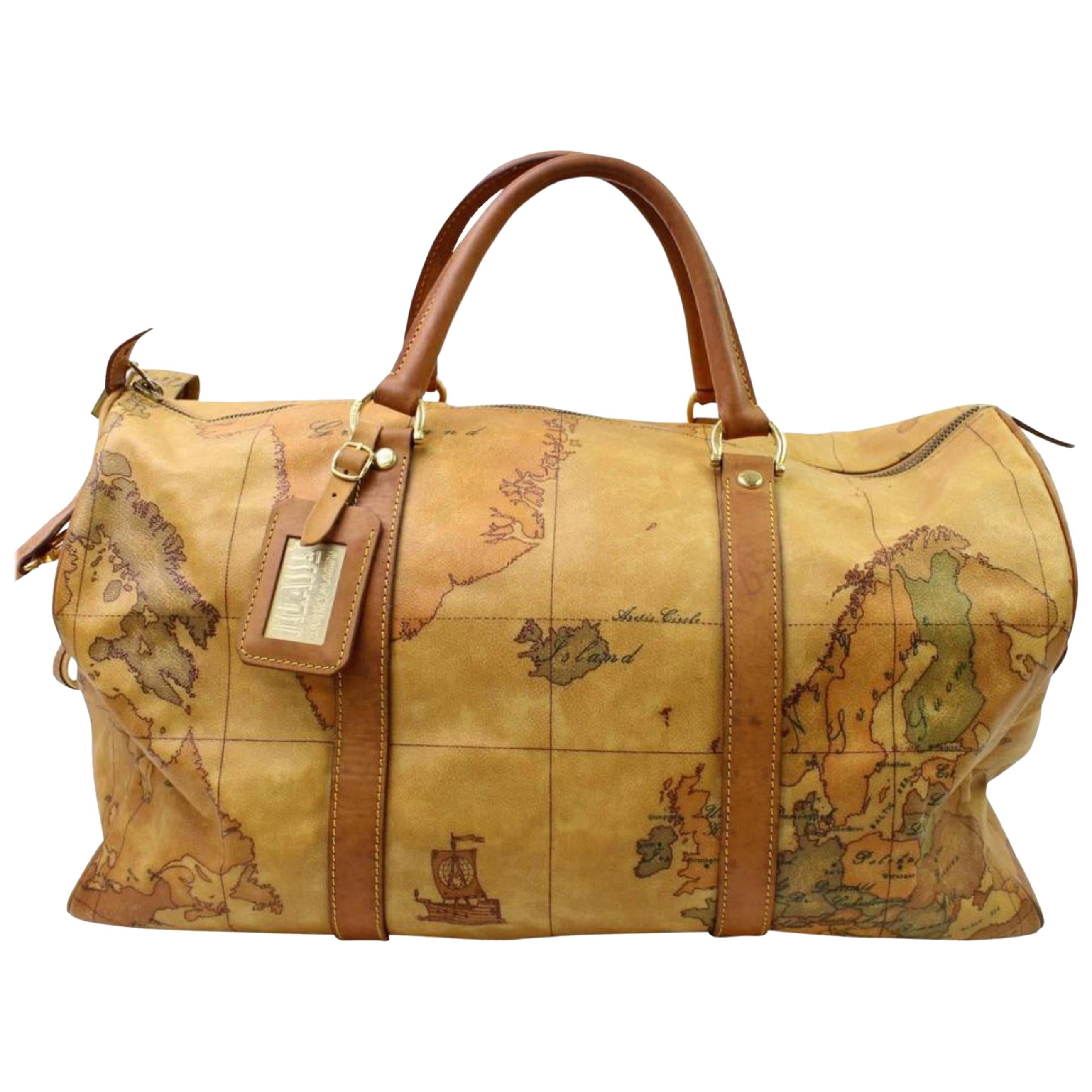 Alviero Martini Atlas Map  Duffle with Strap 866485 Brown Canvas Travel Bag For Sale