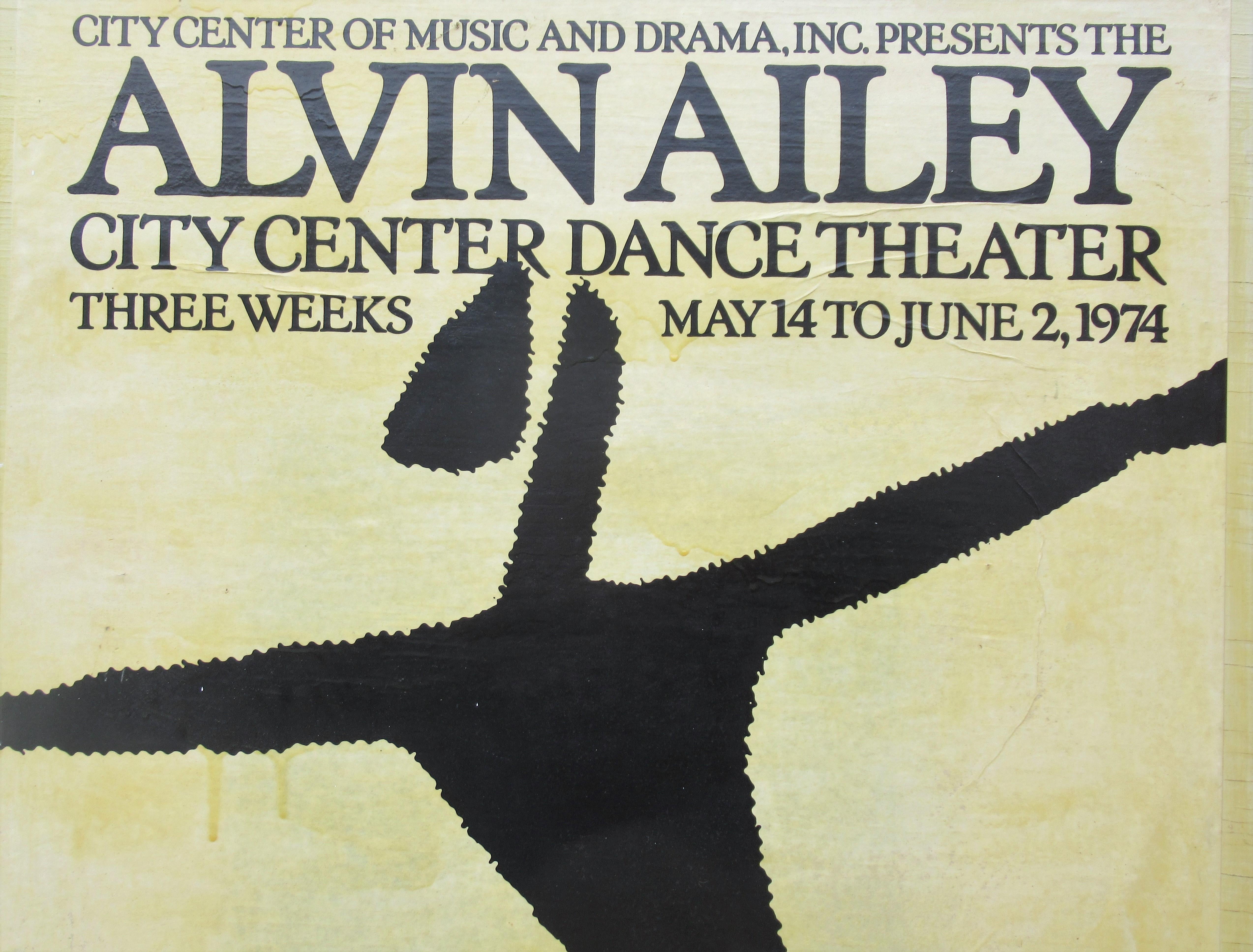 Alvin Ailey American Dance Theater lithograph poster by artist Michael Hampton distributed exclusively by Darien House - New York City, 1974. Poster has long ago been varnished and laid down on painted plywood panel for hanging. Beautiful imagery