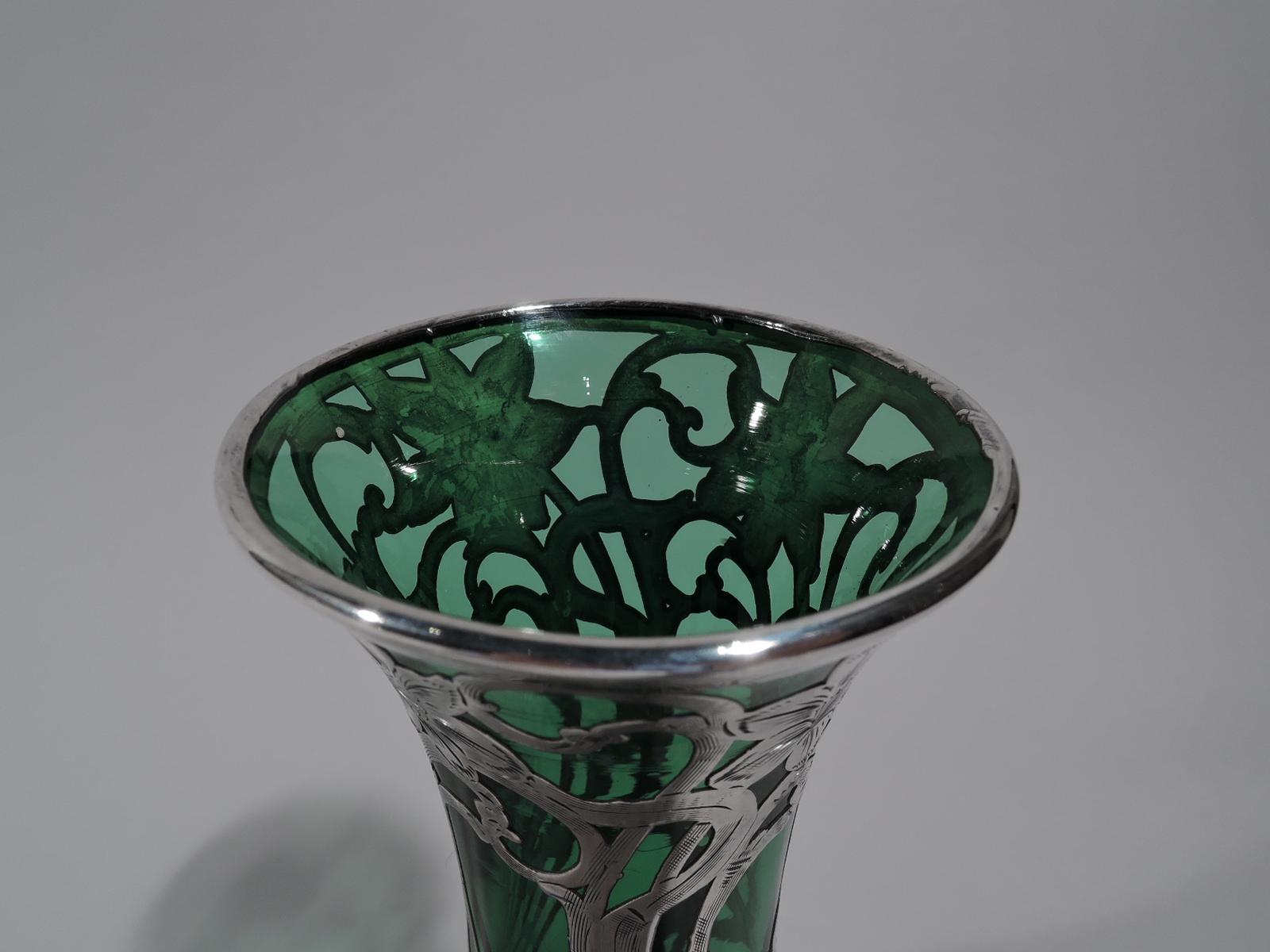 North American Alvin American Art Nouveau Green Glass Silver Overlay Vase
