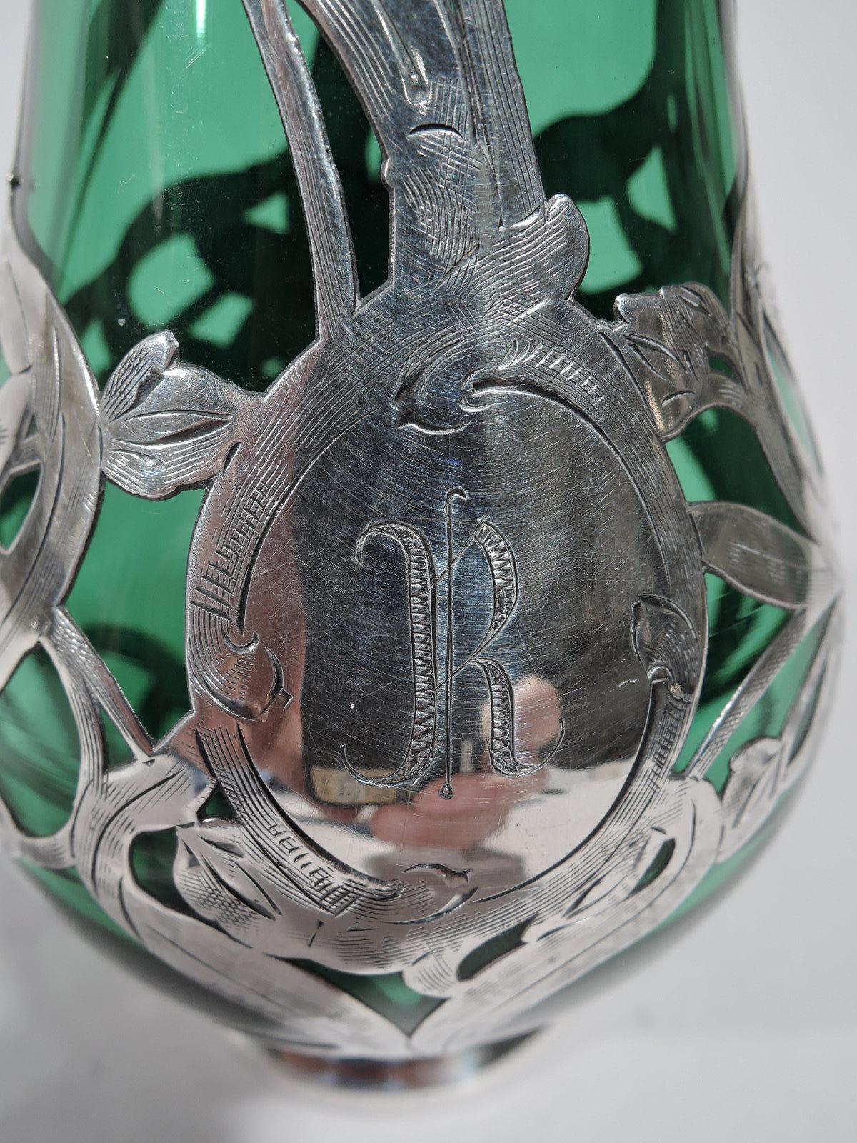 Alvin American Art Nouveau Green Glass Silver Overlay Vase In Excellent Condition In New York, NY