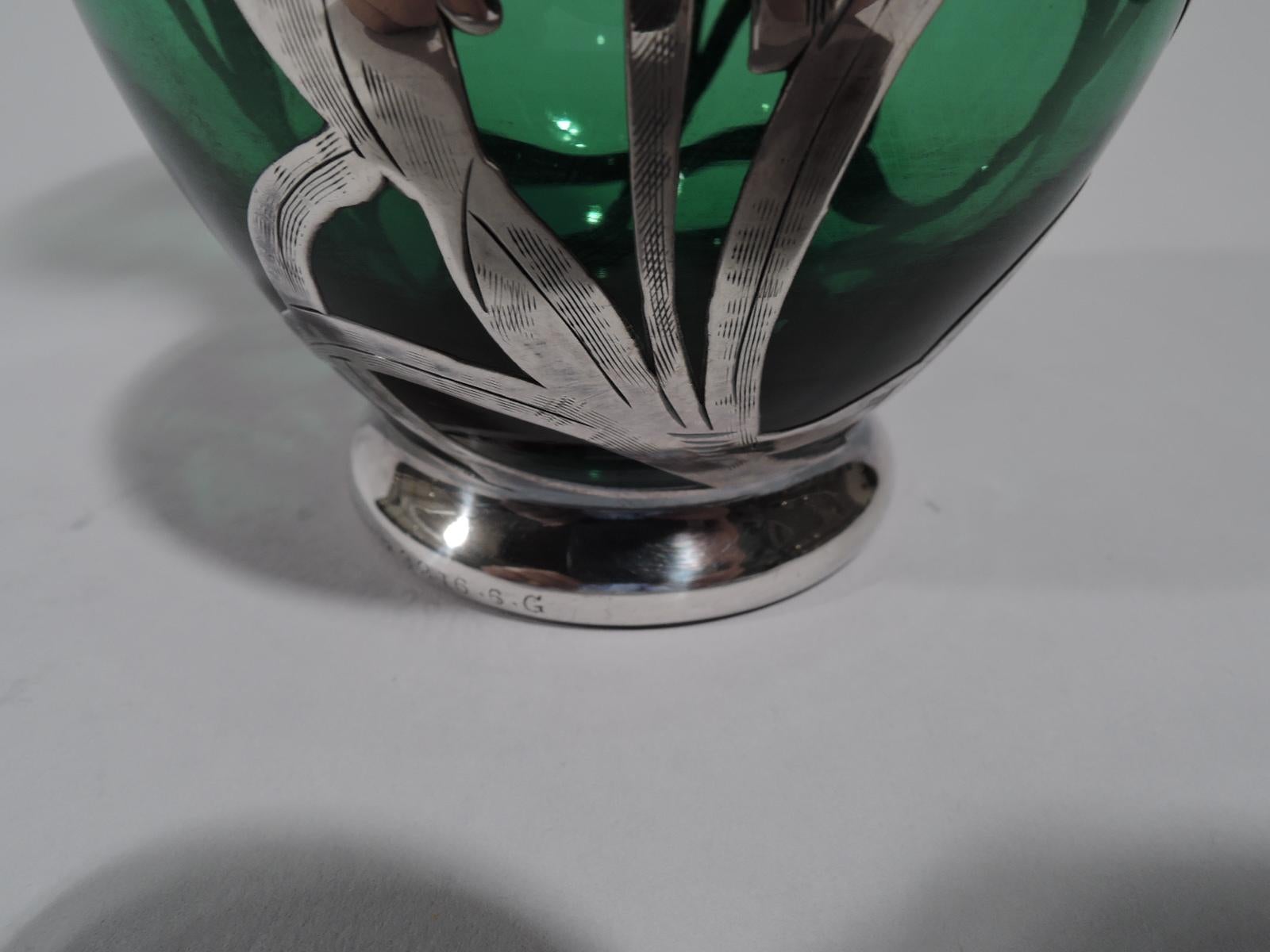 20th Century Alvin American Art Nouveau Green Glass Silver Overlay Vase
