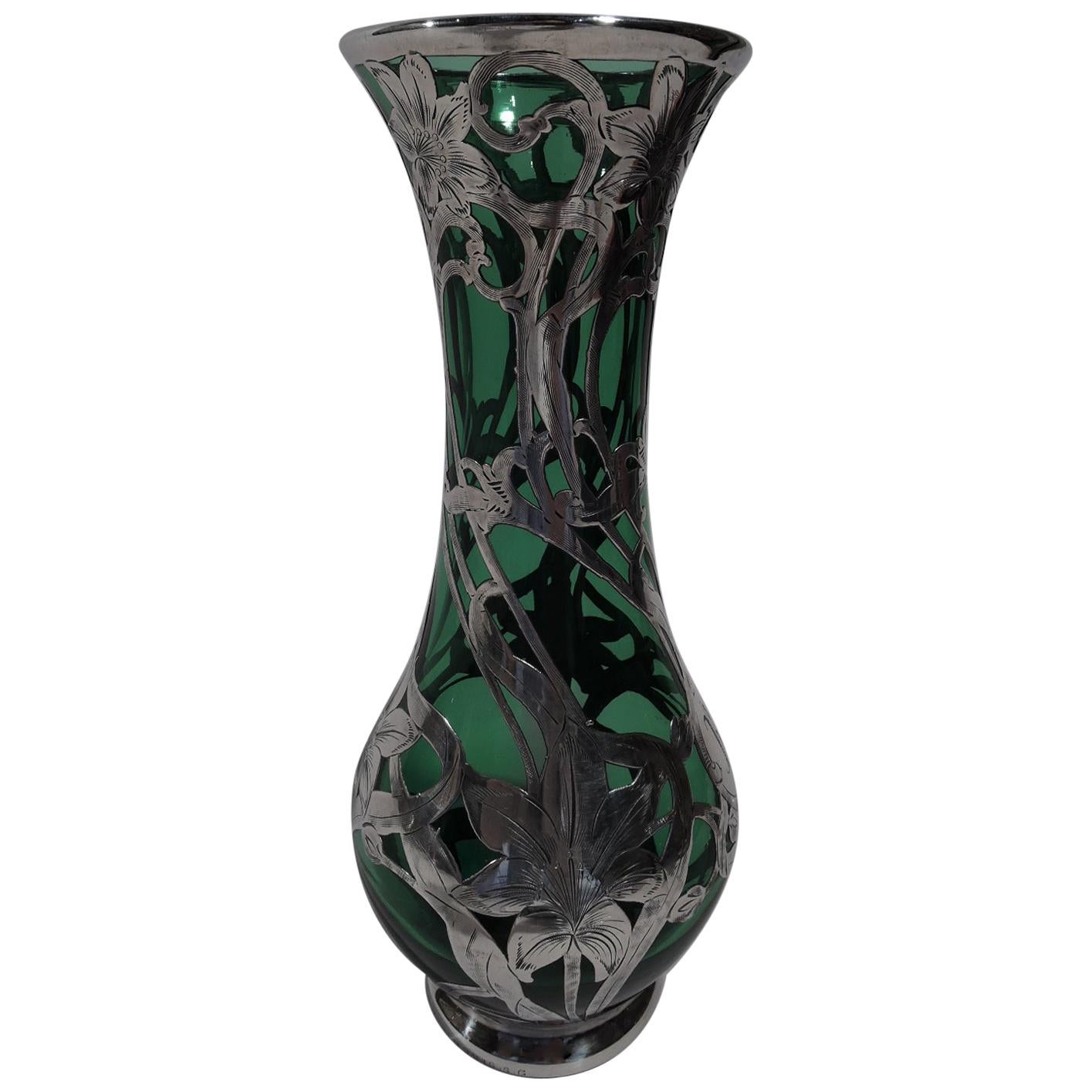 Alvin American Art Nouveau Green Glass Silver Overlay Vase