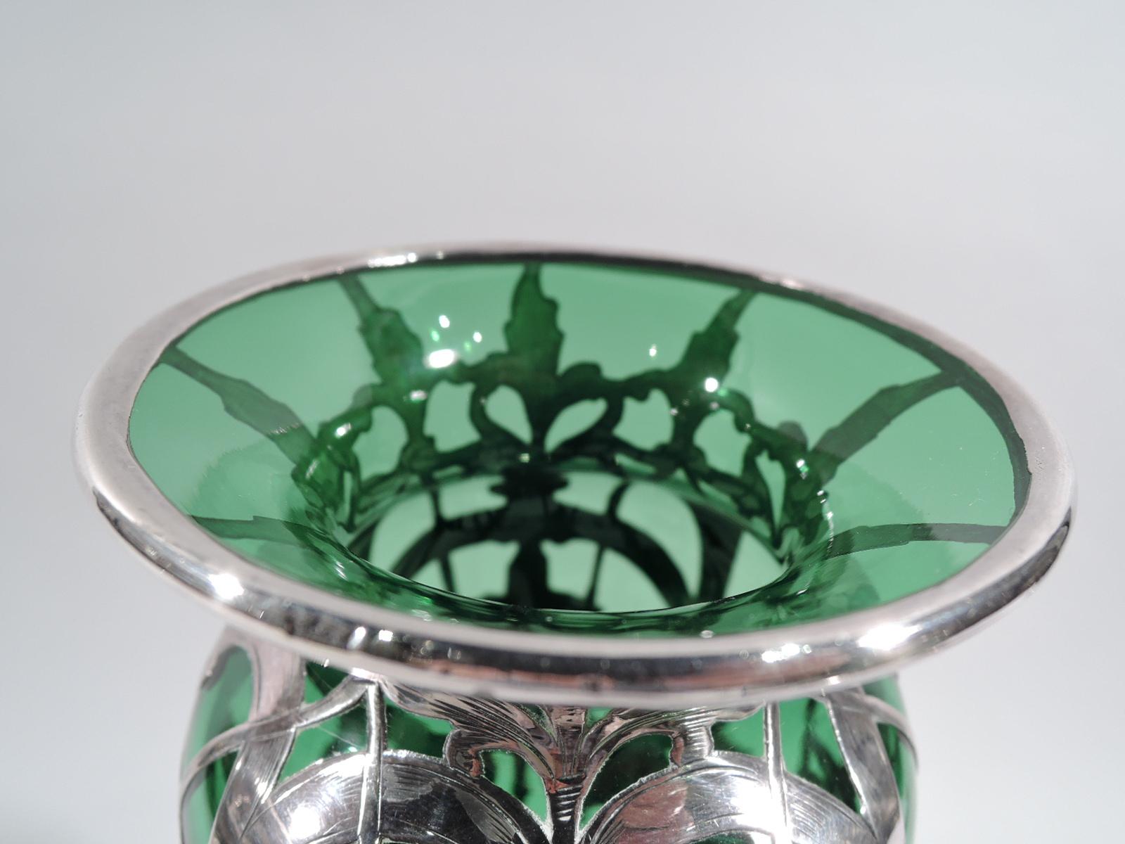 Alvin American Art Nouveau Green Silver Overlay Vase In Excellent Condition In New York, NY