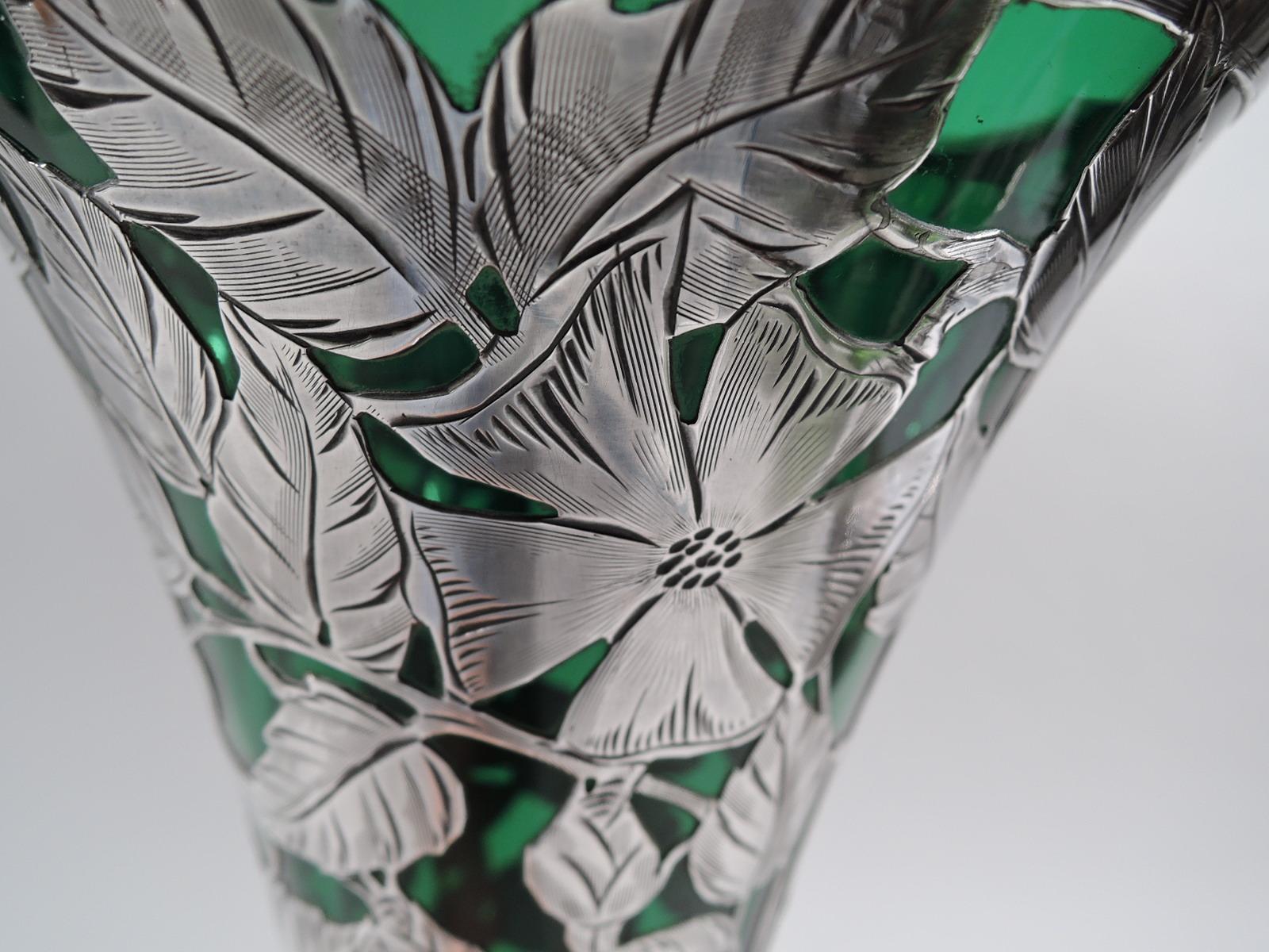 20th Century Alvin American Art Nouveau Green Silver Overlay Vase