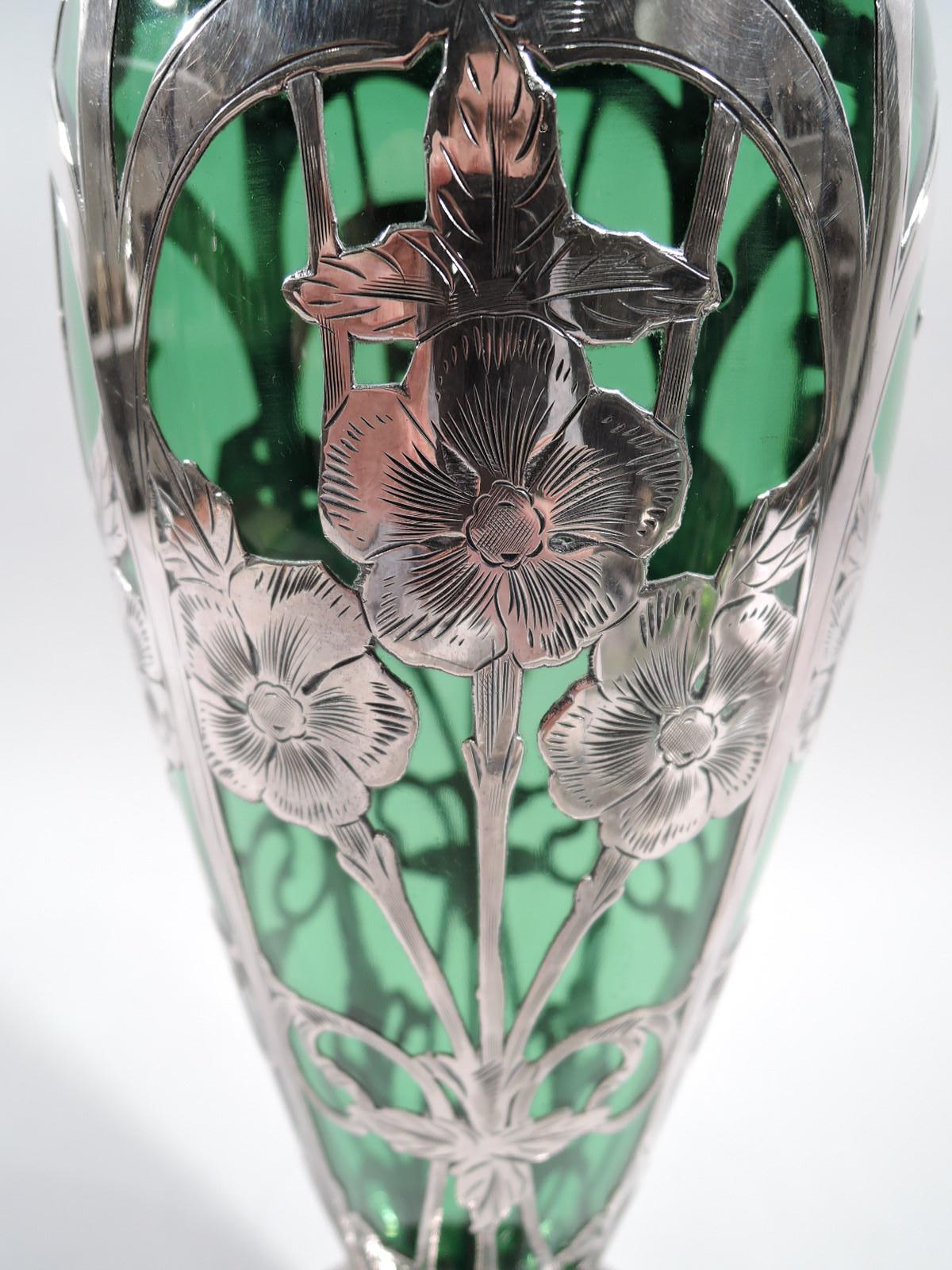 19th Century Alvin American Art Nouveau Green Silver Overlay Vase