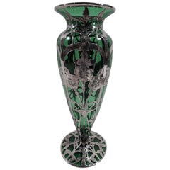 Alvin American Art Nouveau Green Silver Overlay Vase