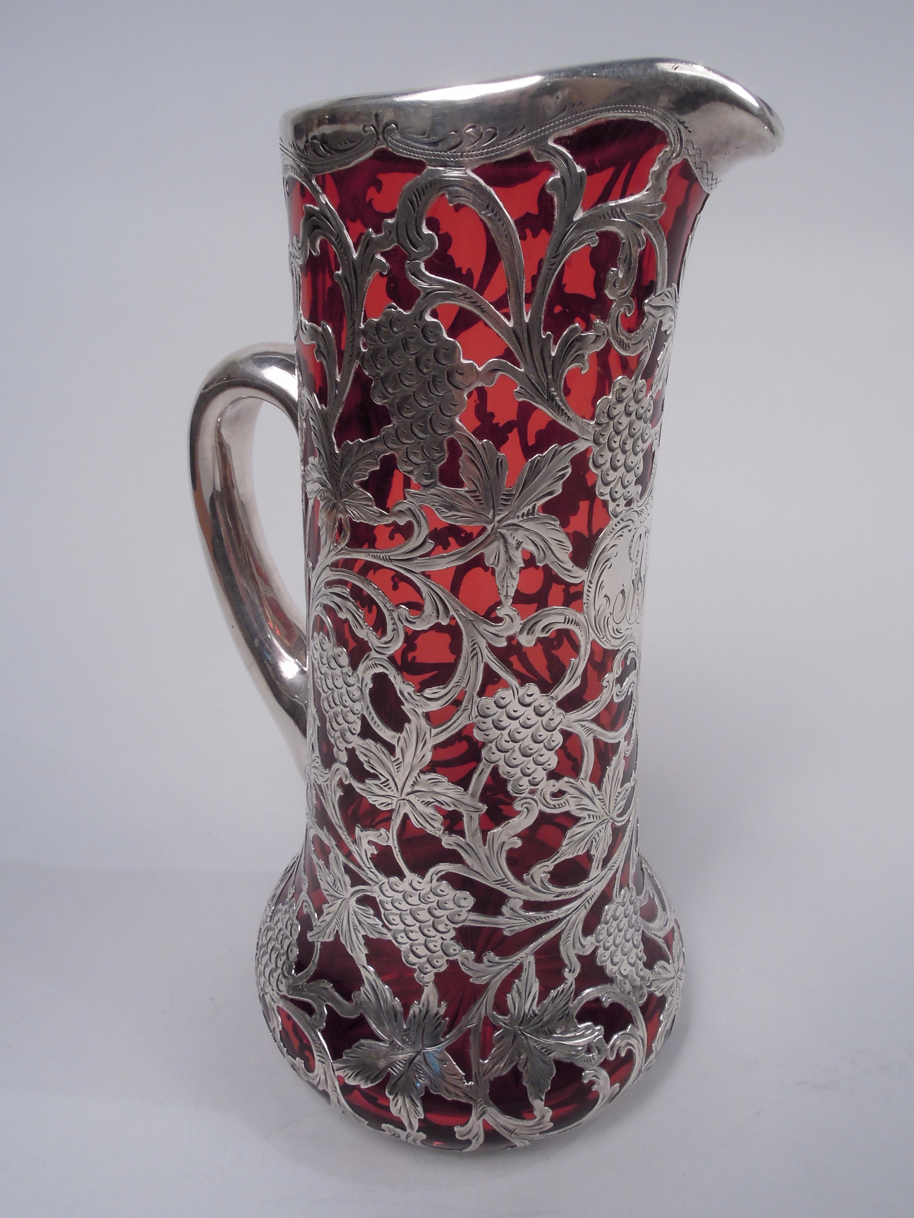 Engraved Alvin American Art Nouveau Red Silver Overlay Claret Jug For Sale
