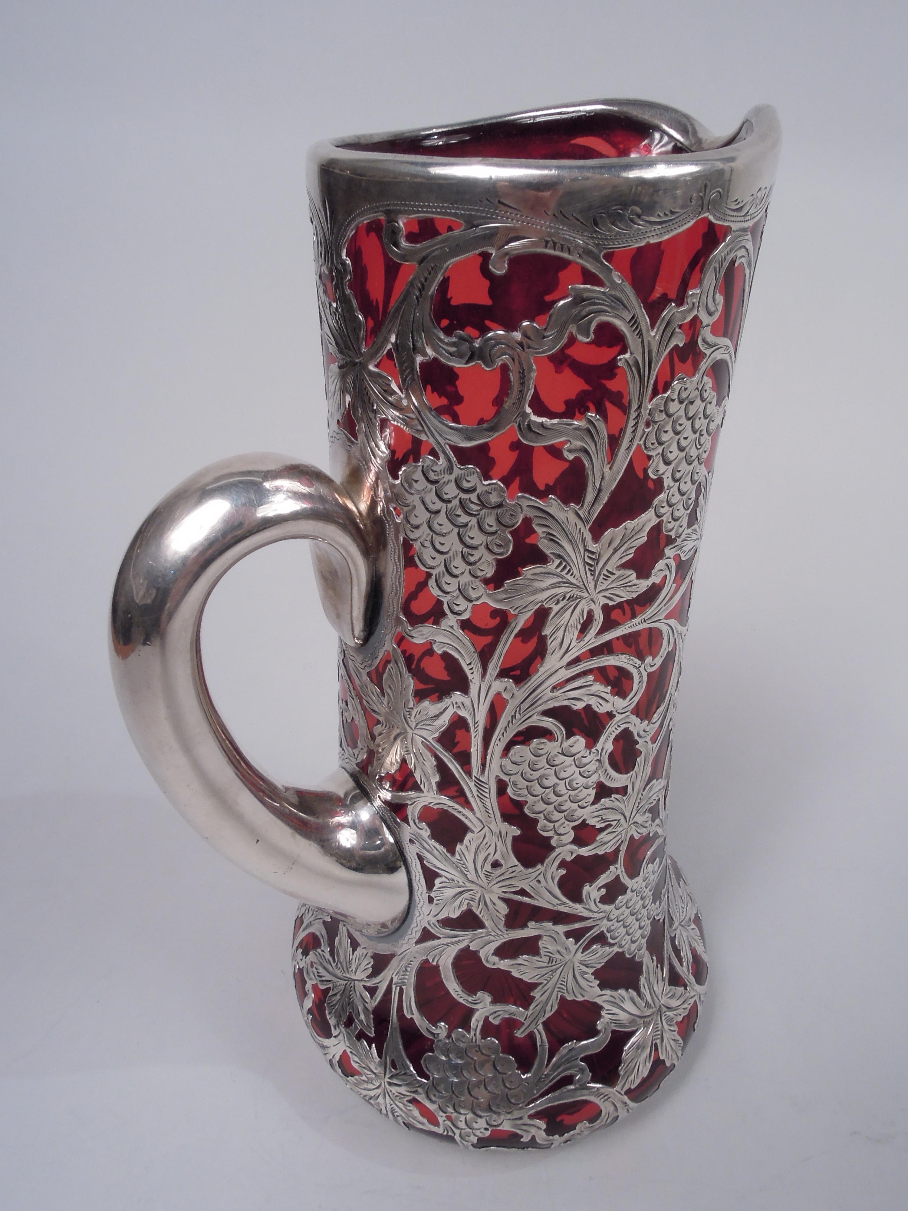 Alvin American Art Nouveau Red Silver Overlay Claret Jug In Good Condition For Sale In New York, NY