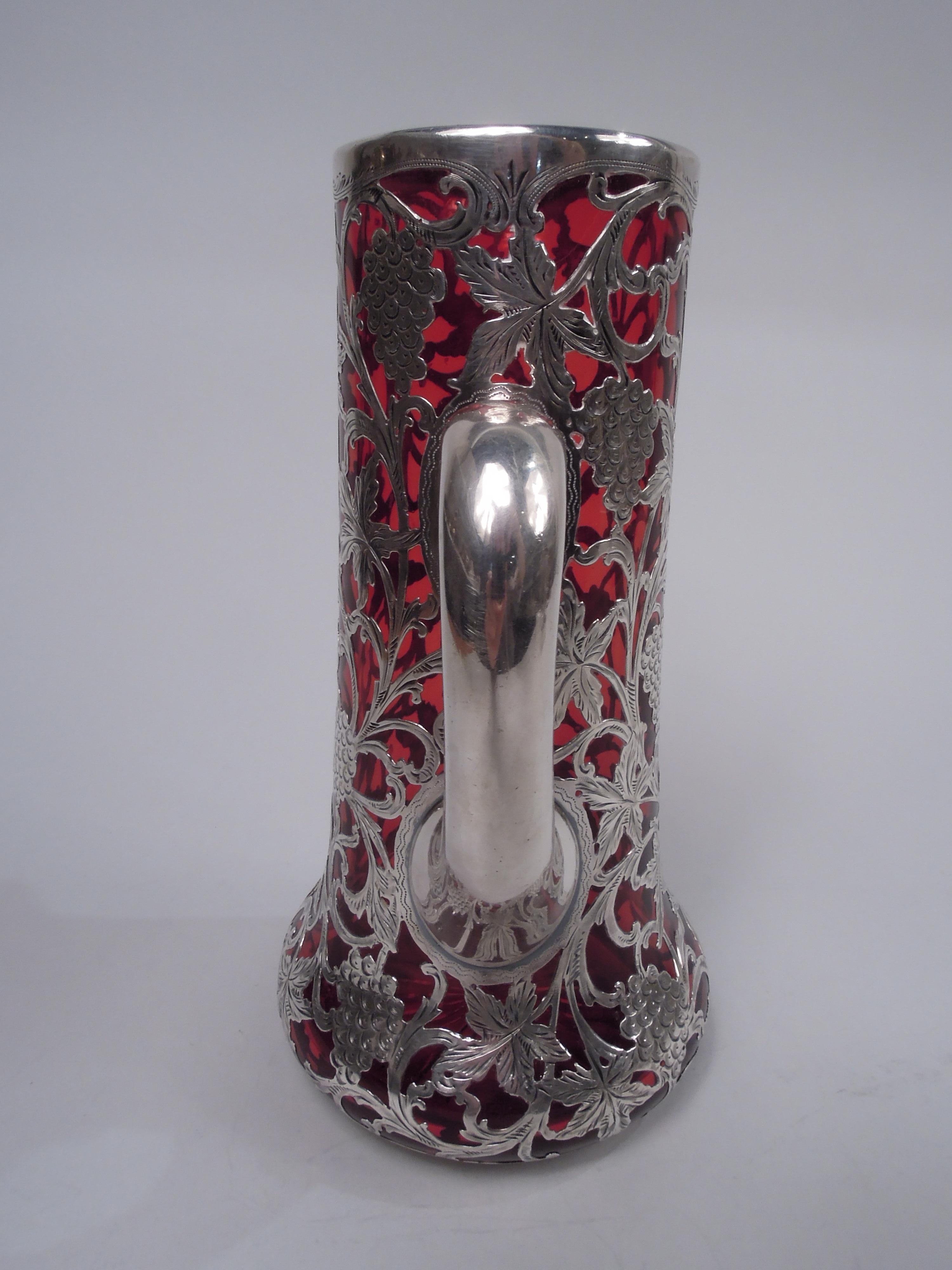 20th Century Alvin American Art Nouveau Red Silver Overlay Claret Jug For Sale