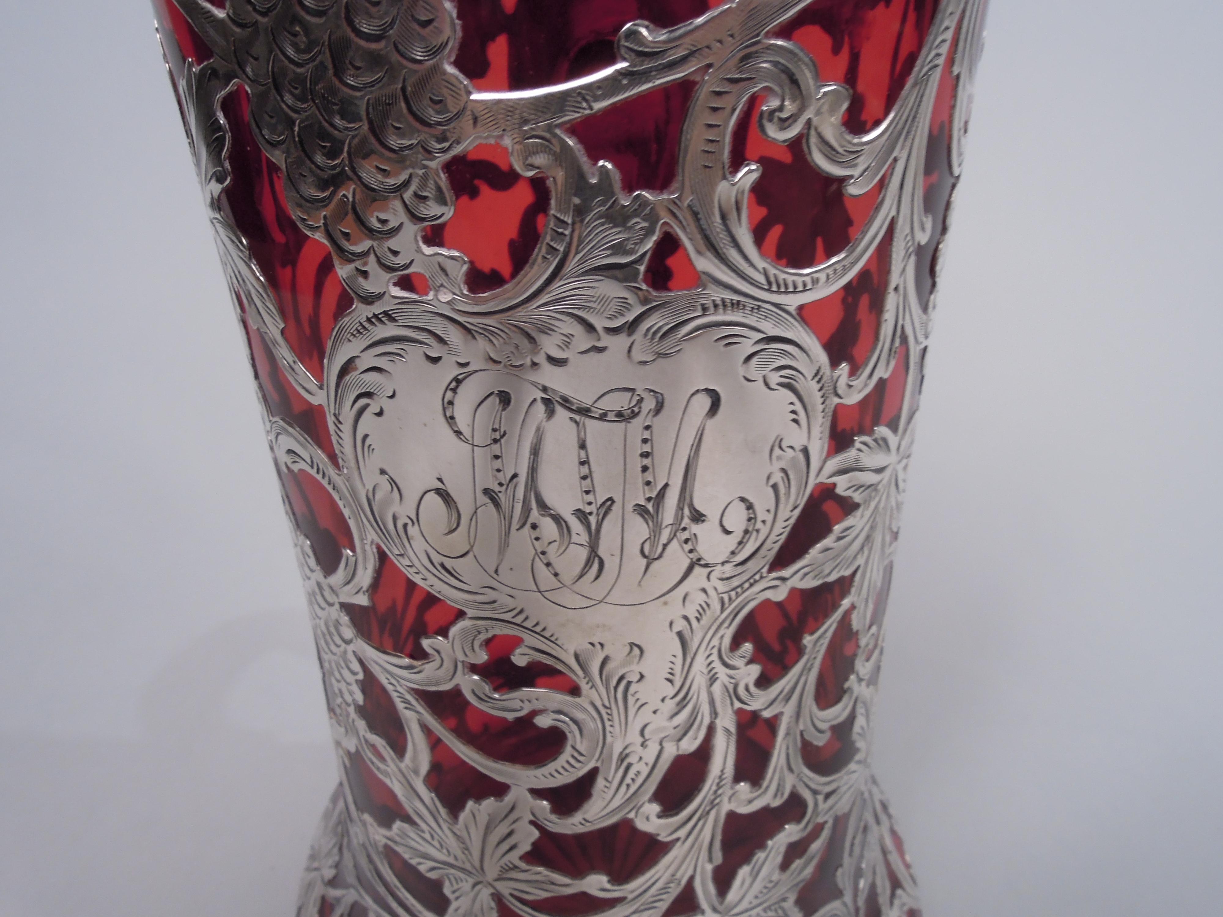 Alvin American Art Nouveau Red Silver Overlay Claret Jug For Sale 1
